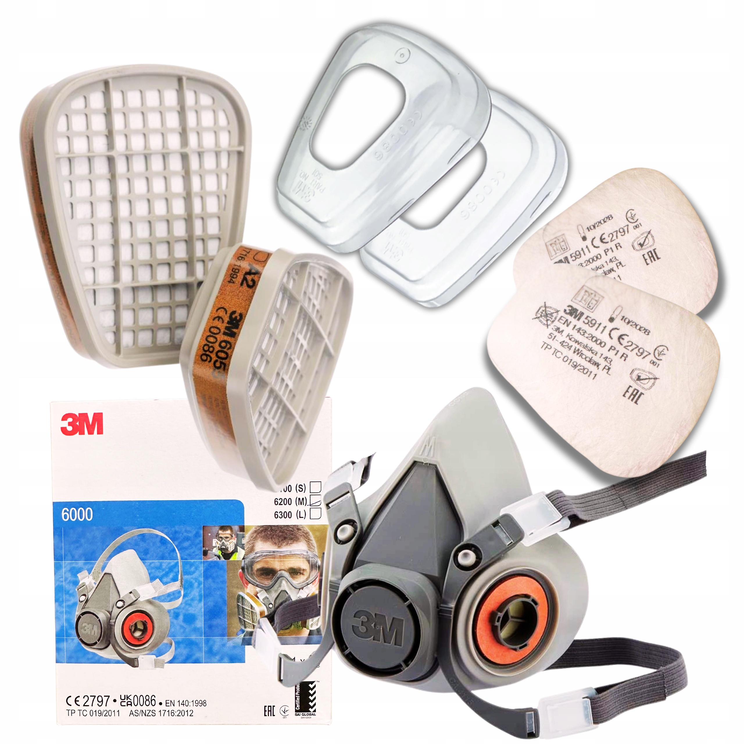 Maska 3M 6300 /6200 Półmaska Filtry 6055+5911 3m pokrywki 501 zestaw 3m