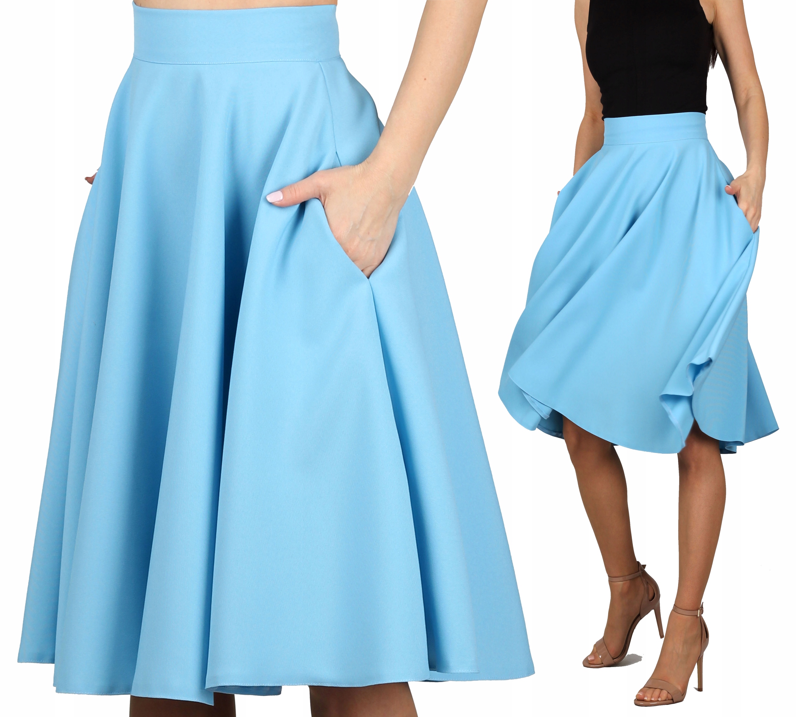 XS KIESZENIE niebieska Spódnica z koła ROZŁOŻYSTA