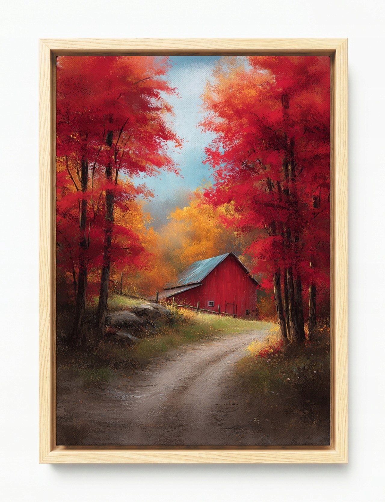 Obraz Rám American Box Krajina Podzim Les Cesta Červená Stodola 40x60