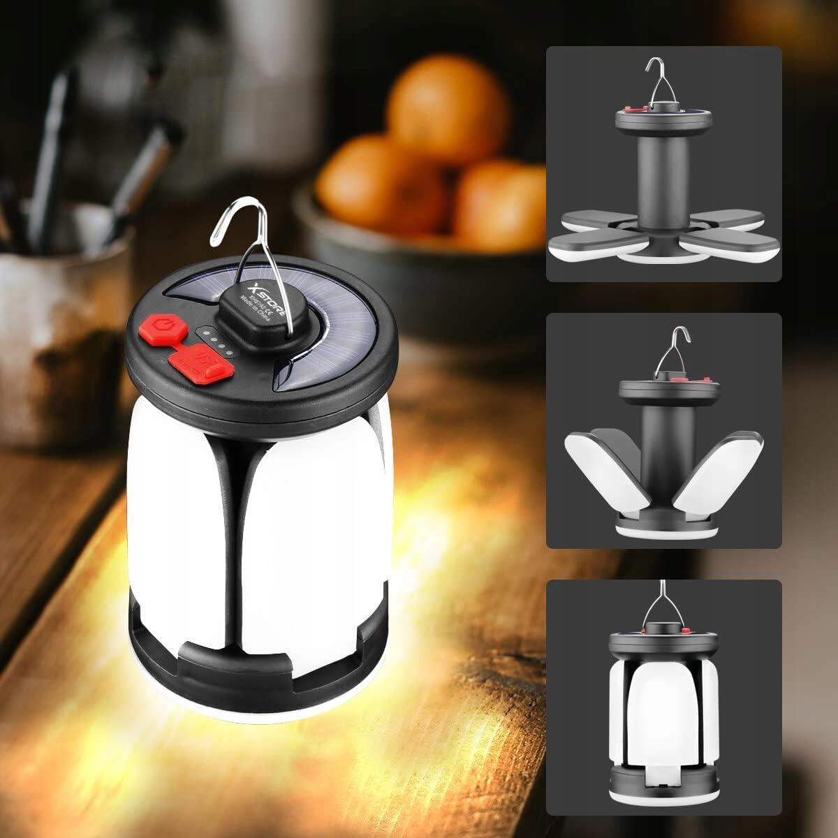 SOLARNA LAMPA KEMPINGOWA, ŁADOWANIE PRZEZ USB, PRZENOŚNA LATARNIA OGRODOWA Kolor dominujący biały