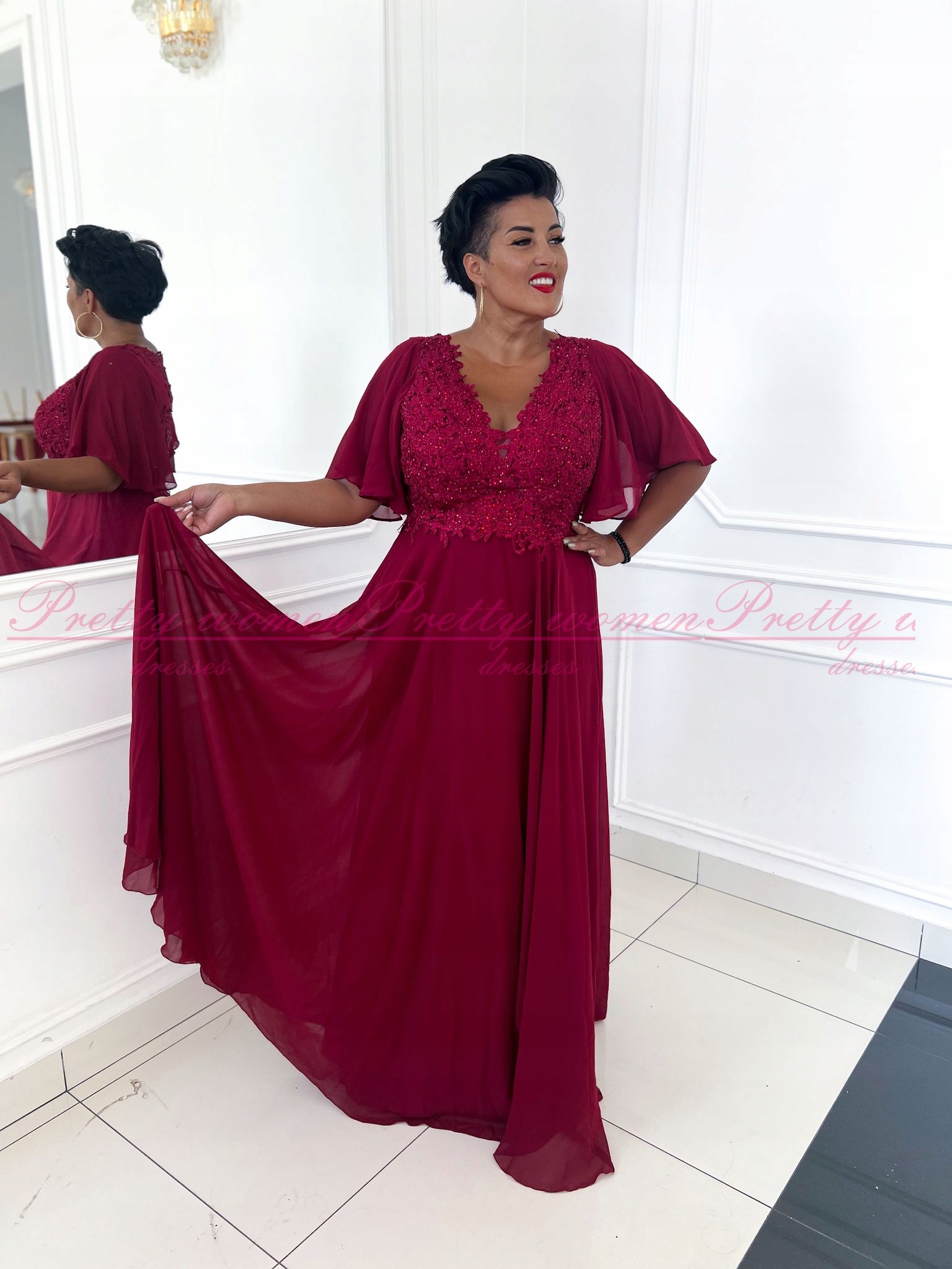 Šaty Arczi Dlouhé S Krátkým Rukávem Bordó 48