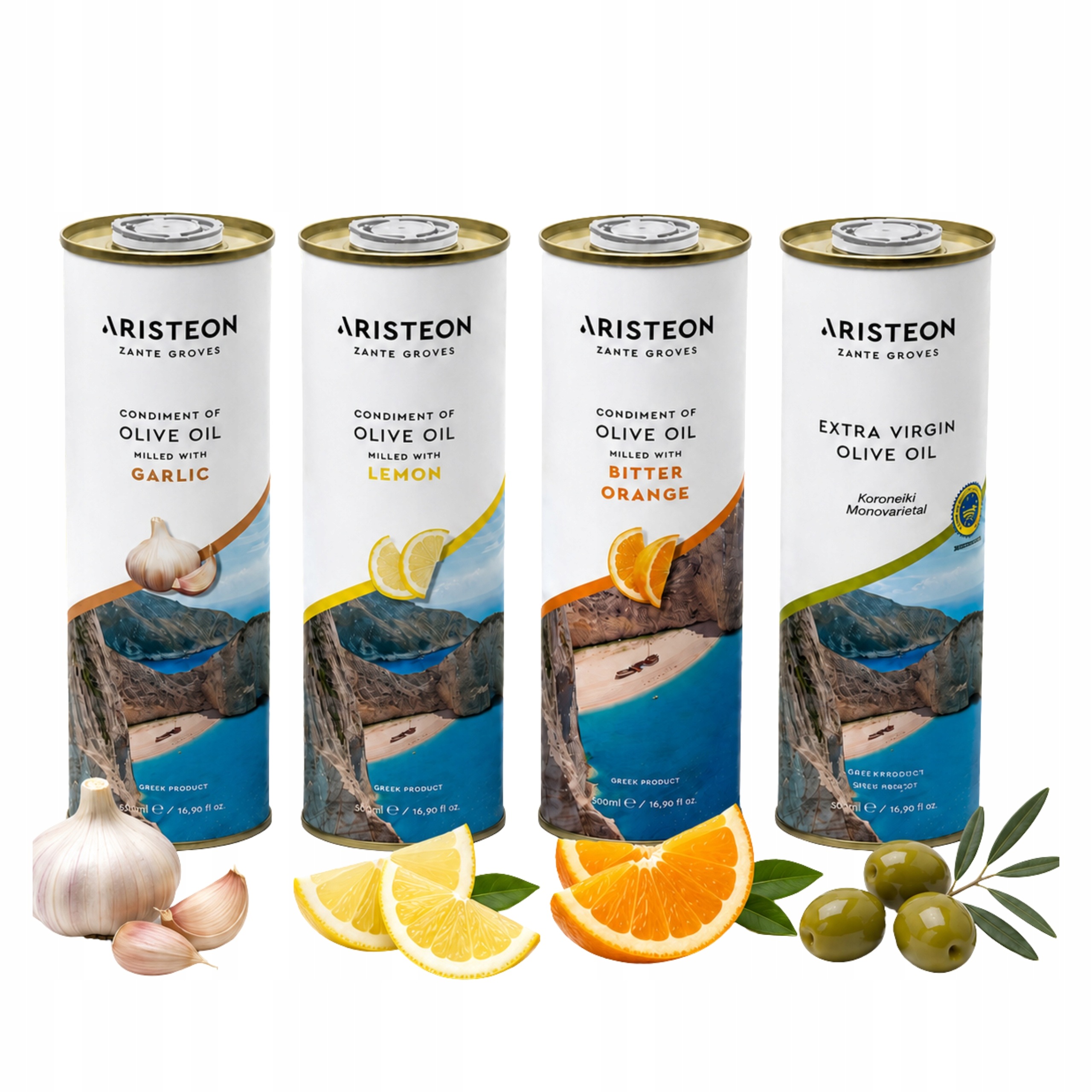 Sada Oliv Aristeon 4x500ml Extra Virgin Česnek Citron Pomeranč