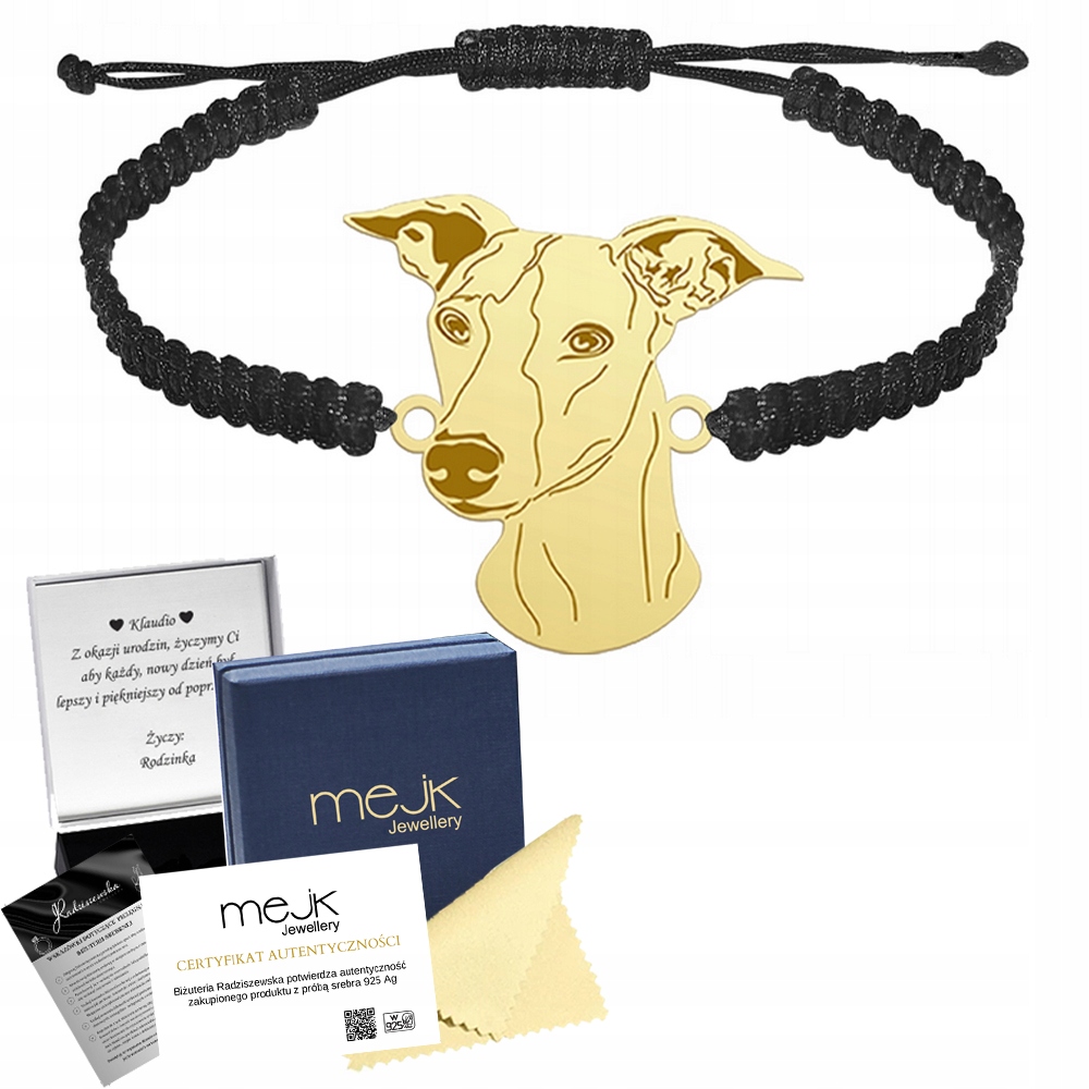 Zlatý náramek se psem plemene Whippet Makramé 925 Šperky Gravírování Bonus