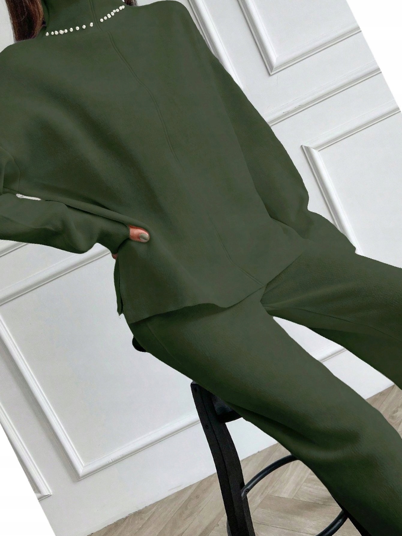Dámský komplet s perličkami a pletenými kalhotami, zelený, Oversize, velikost L 40
