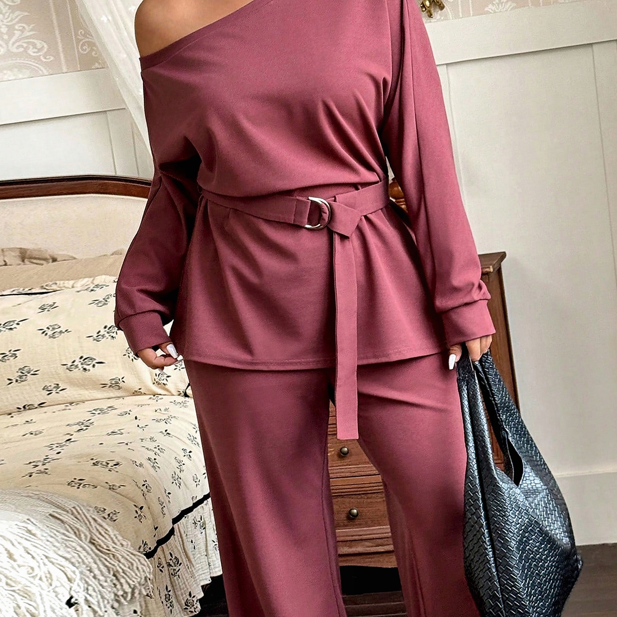 Ležérní dámský elegantní komplet s páskem na rameno, švestkový, velikost XL 42