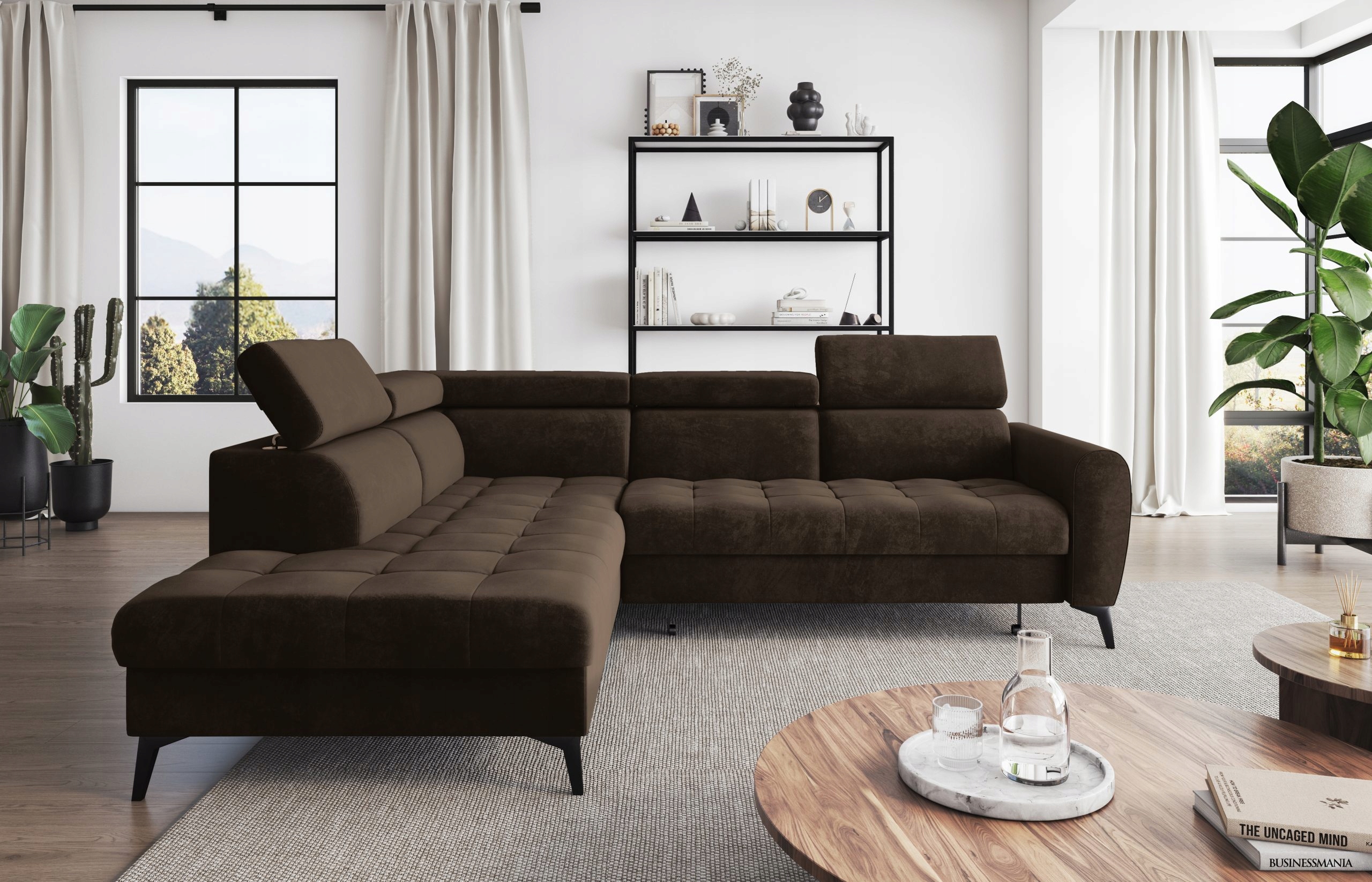 Hnědá rohová sedačka s funkcí spaní levá Bjorn L z hydrofobní tkaniny.