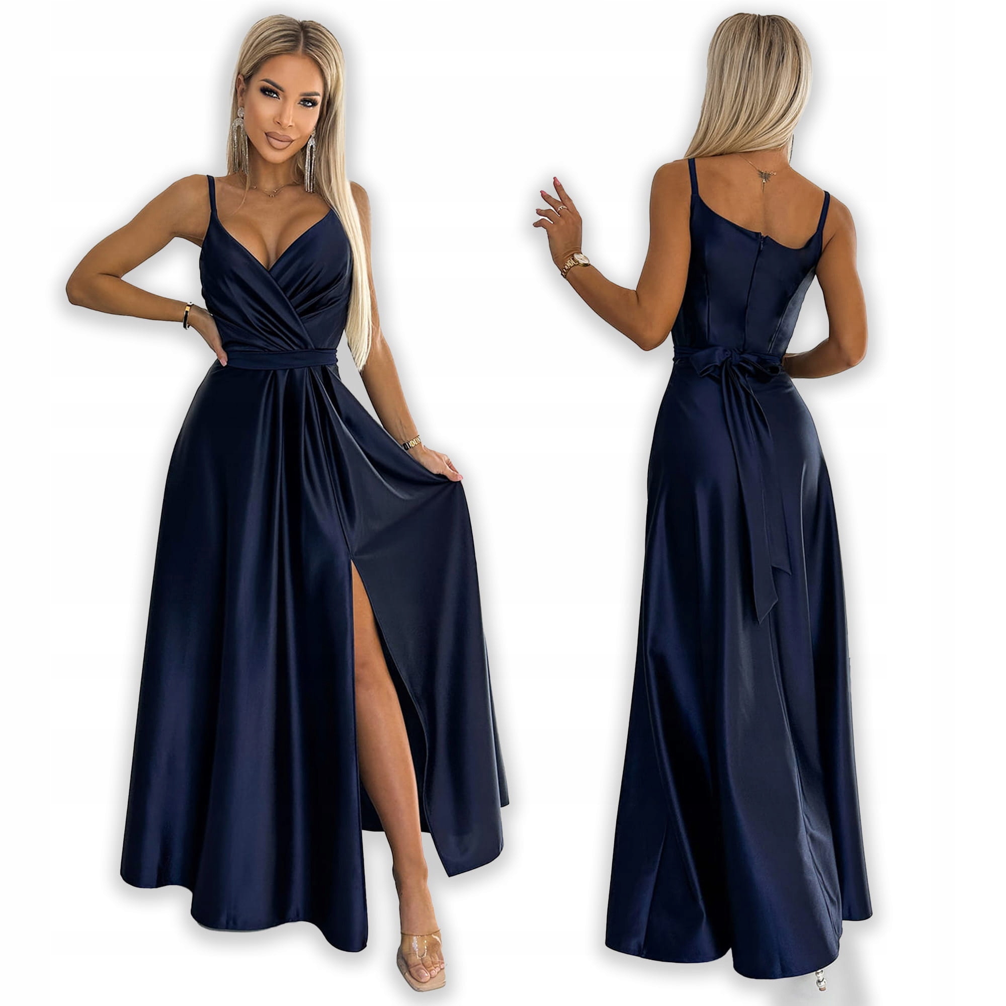 Juliet elegantní dlouhá saténová sukně s výstřihem Tmavě Modrá L