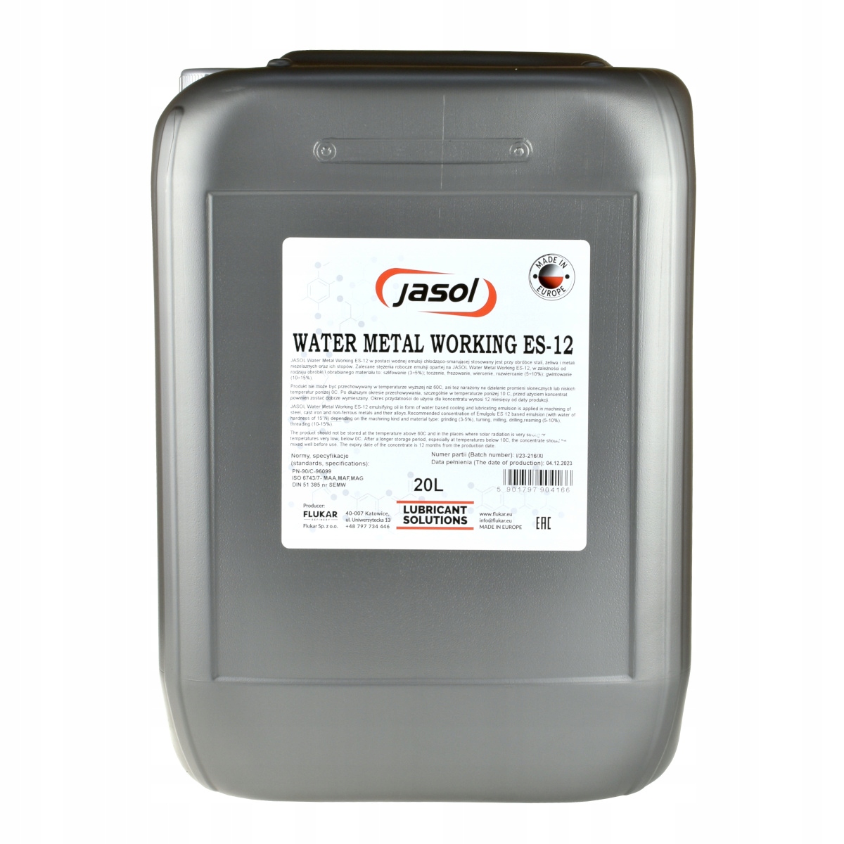 OLEJ DO OBRÓBKI SKRAWANIEM JASOL METAL WORKING FLUID 12ES 20L Pojemność opakowania 20 l