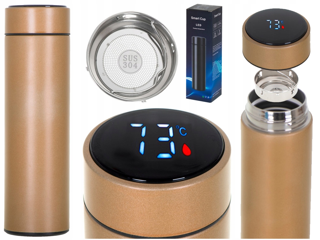 KUBEK TERMICZNY TERMOS SMART NA HERBATĘ KAWĘ Z WYŚWIETLACZEM ZŁOTY 500ML