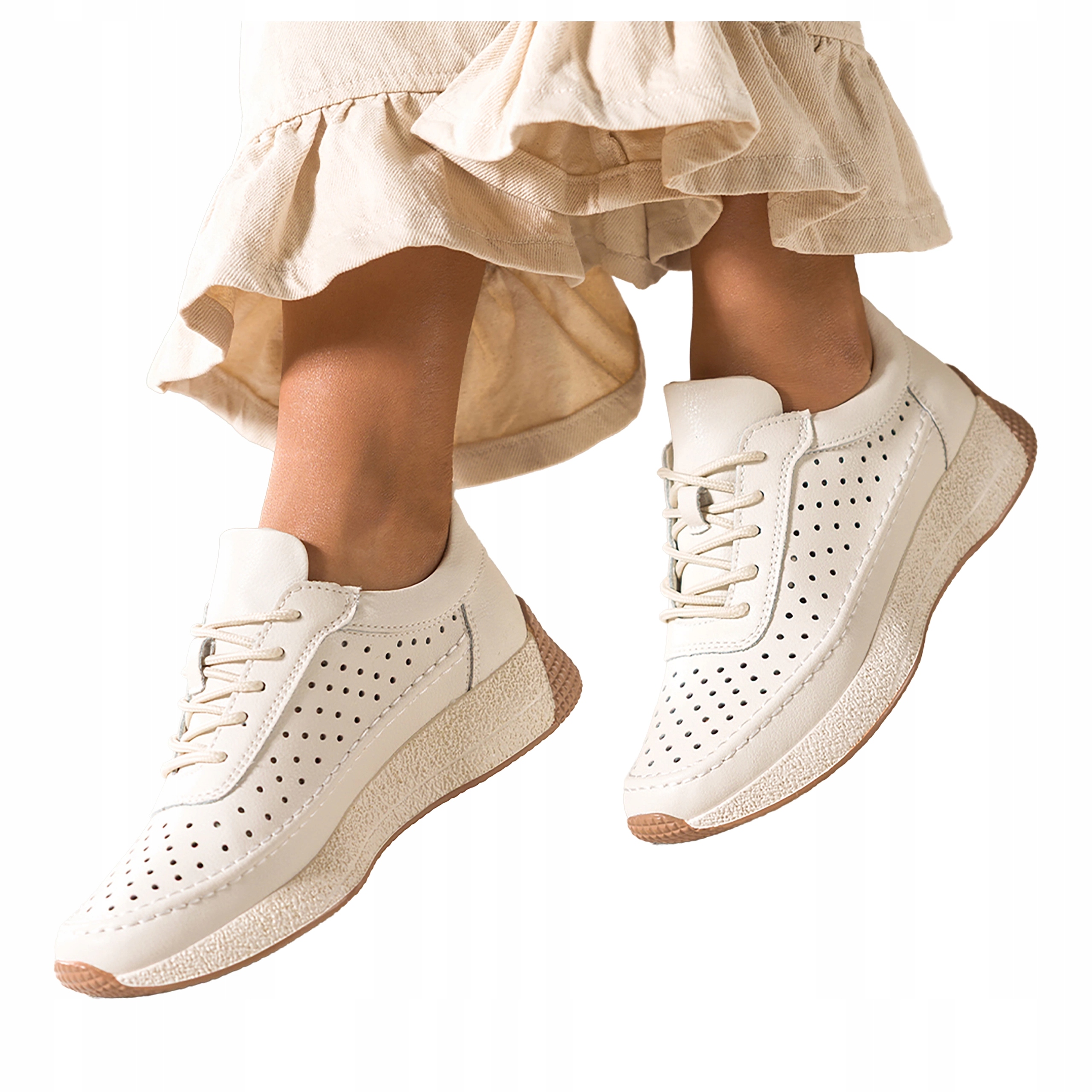 Béžové dámské šněrovací kožené tenisky na platformě Ažurové, velikost 40