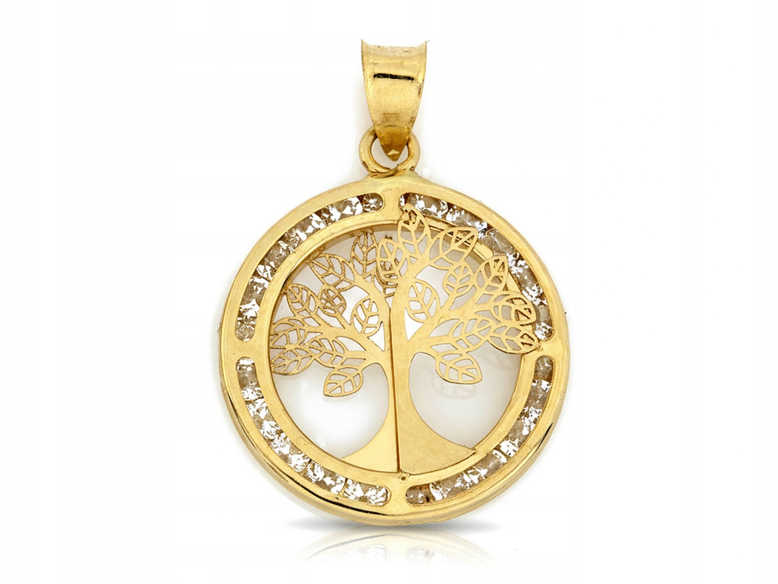 Zlatý přívěsek 585 kulatý se stromkem štěstí s Bílými zirkony