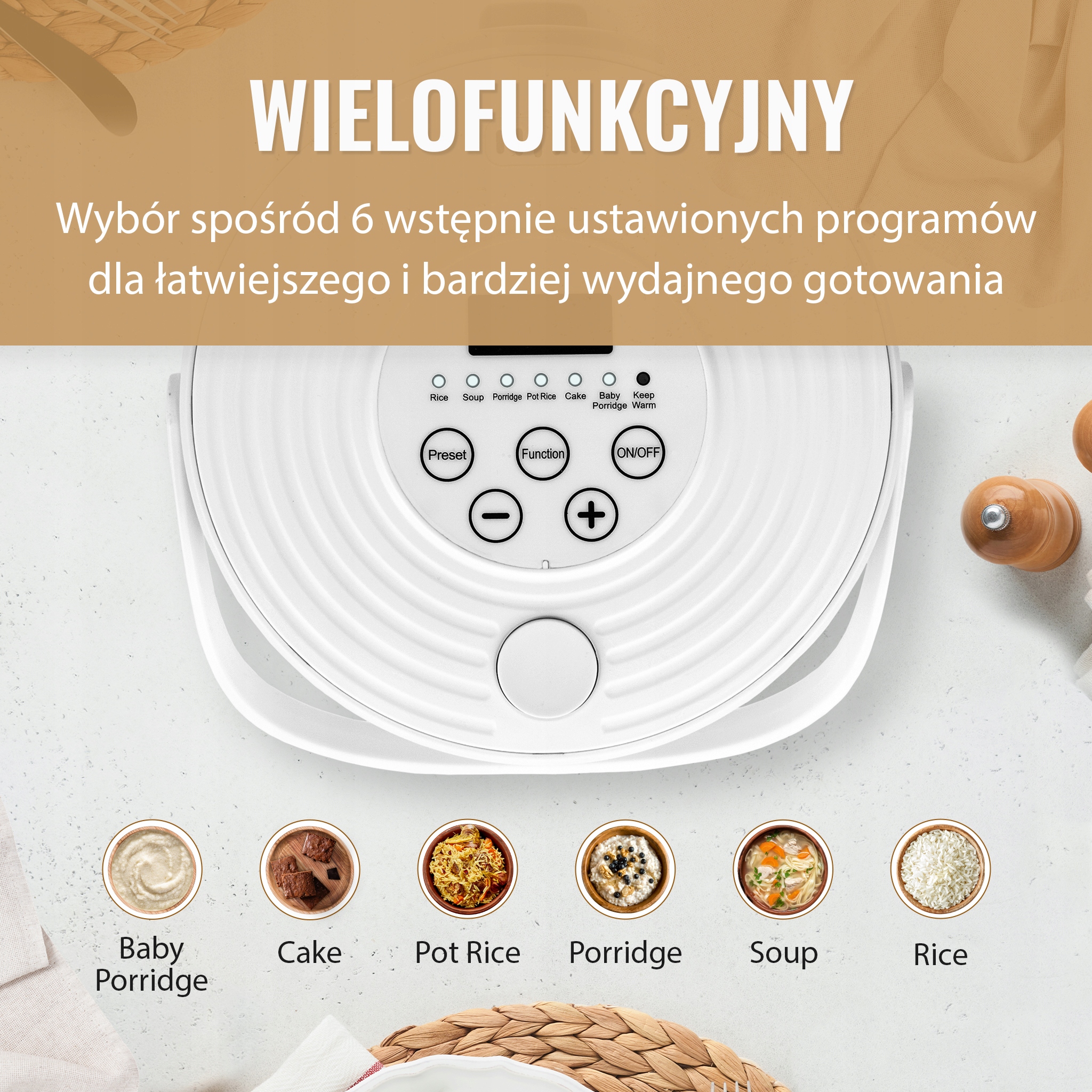 Noaton RC120W Ryżowar, 2 L, Multicooker, 6 Programów Gotowania, 1-8 osób Model RC120W