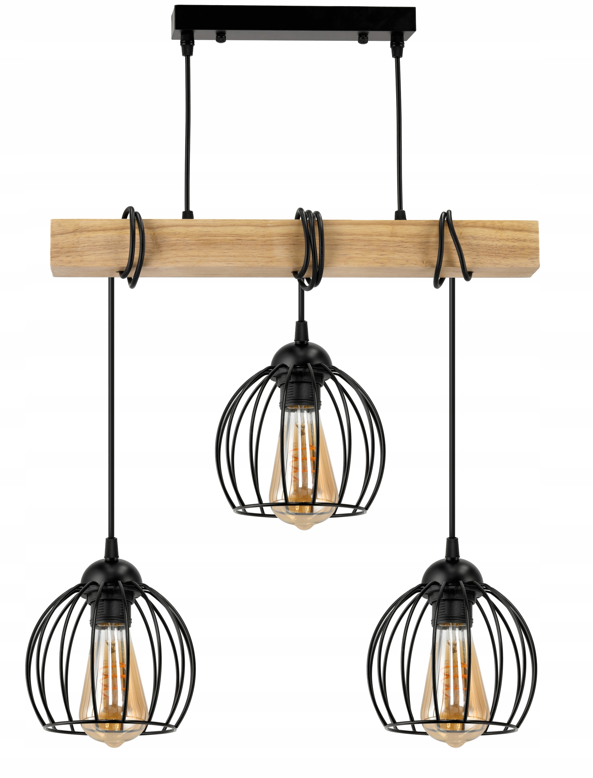 Lampa Sufitowa Wisząca Led Drewniana Belka 3x E27 Żyrandol Kula Druciana