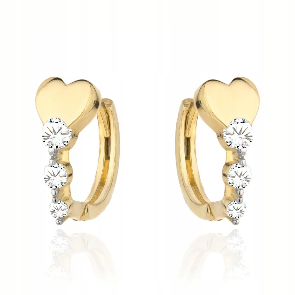 Zlaté náušnice 585 s jemnými srdíčky a třemi zirkony jako dárek 14kt