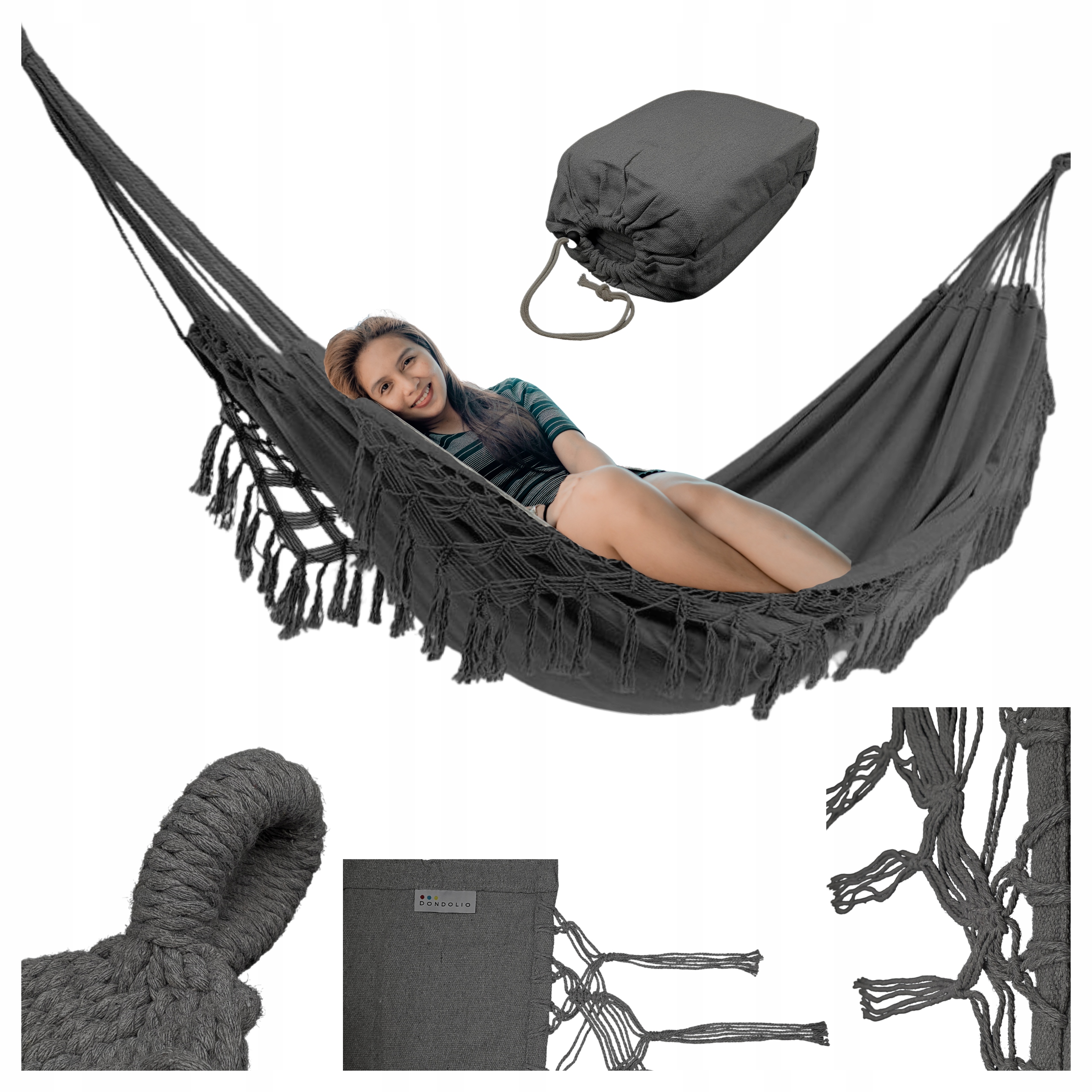 Hamak Ogrodowy Dwuosobowy Szary Duży XXL 220kg Wytrzymały Boho z Frędzlami