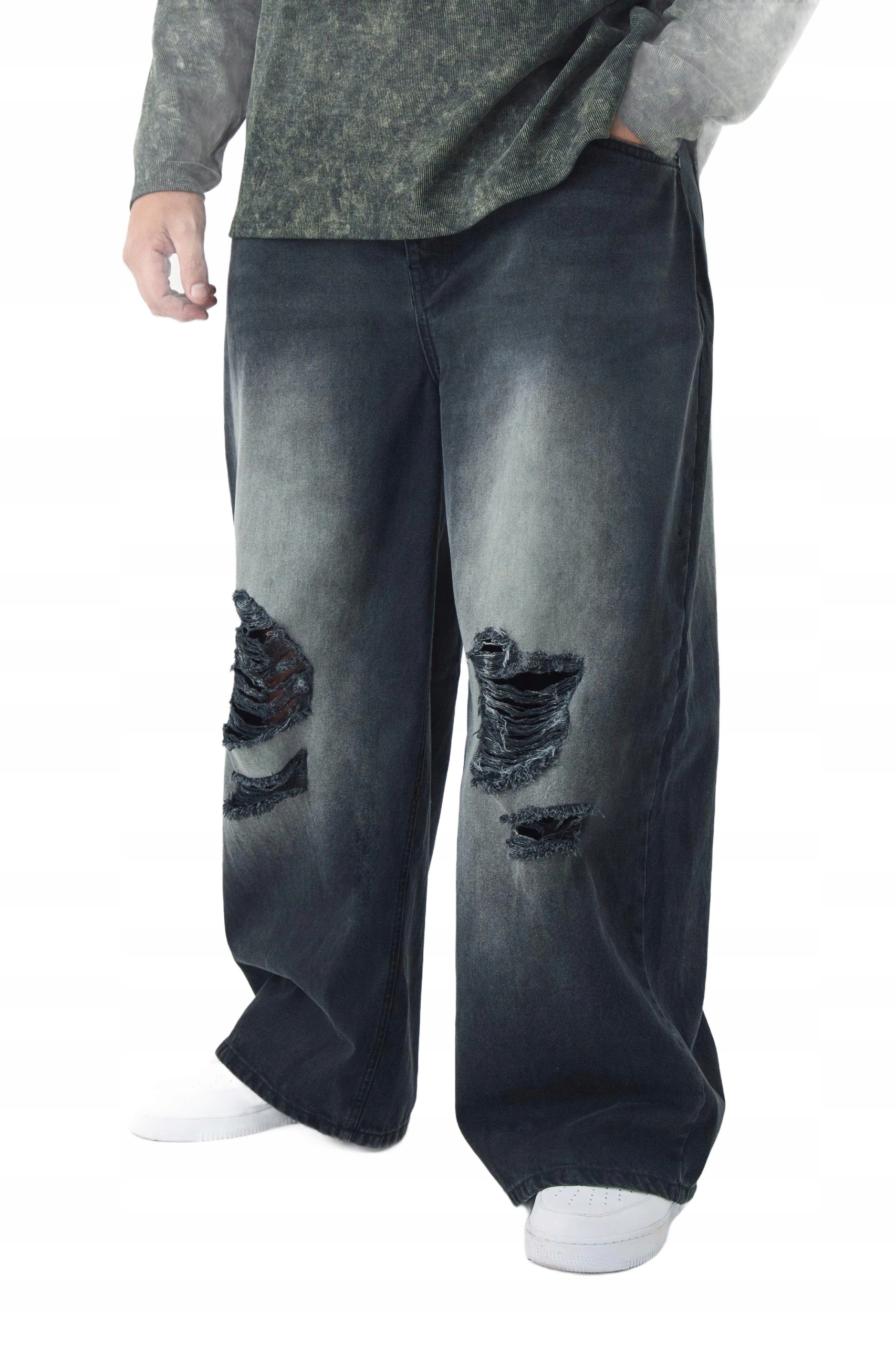 Boohooman Pánské Volné Džíny S Dírami Černé Plus Size 44 Z3A