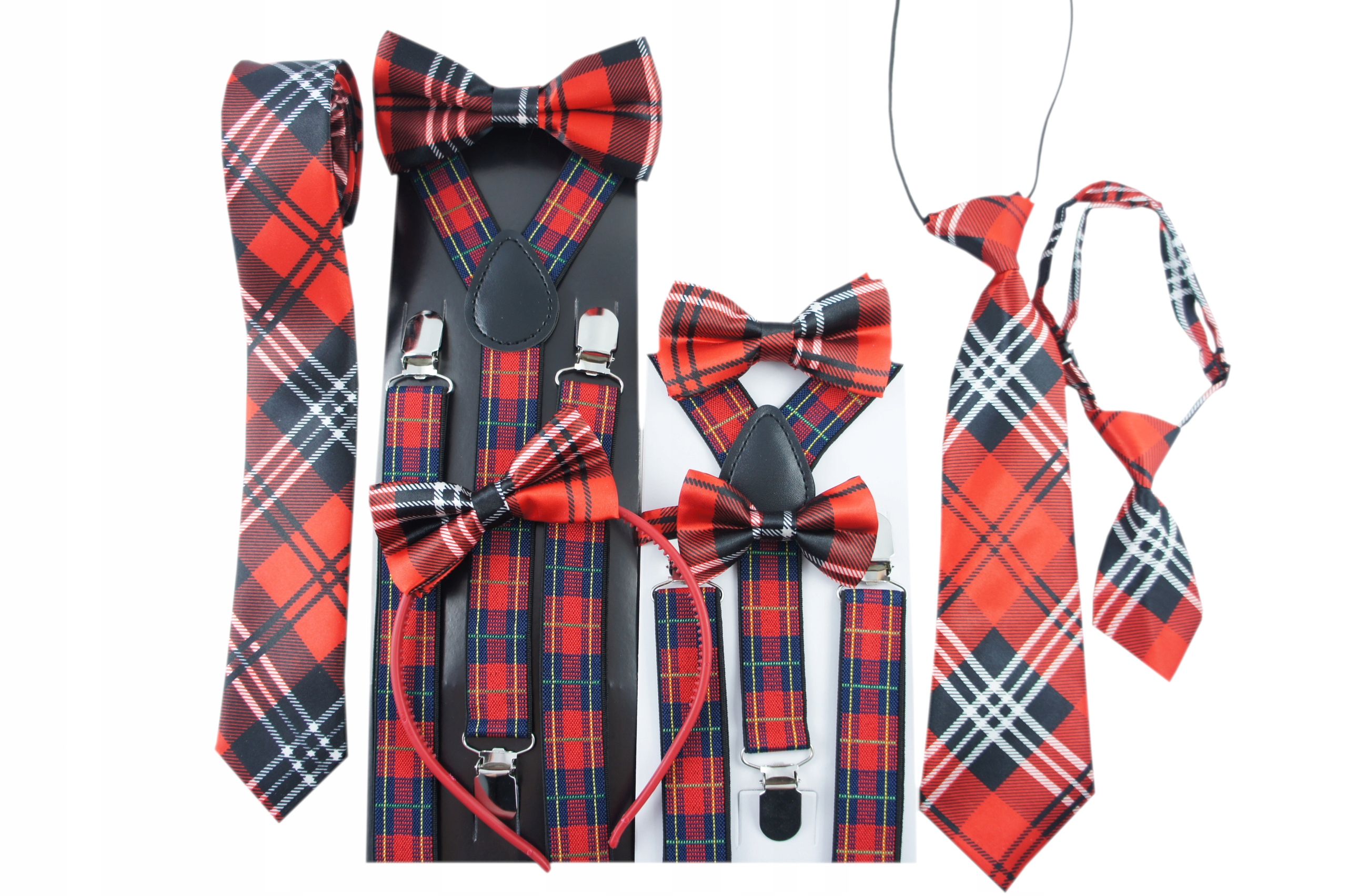 Krawat w szkocką kratę dla chłopca na gumce święta dzień chłopaka upominek Kolor czerwony