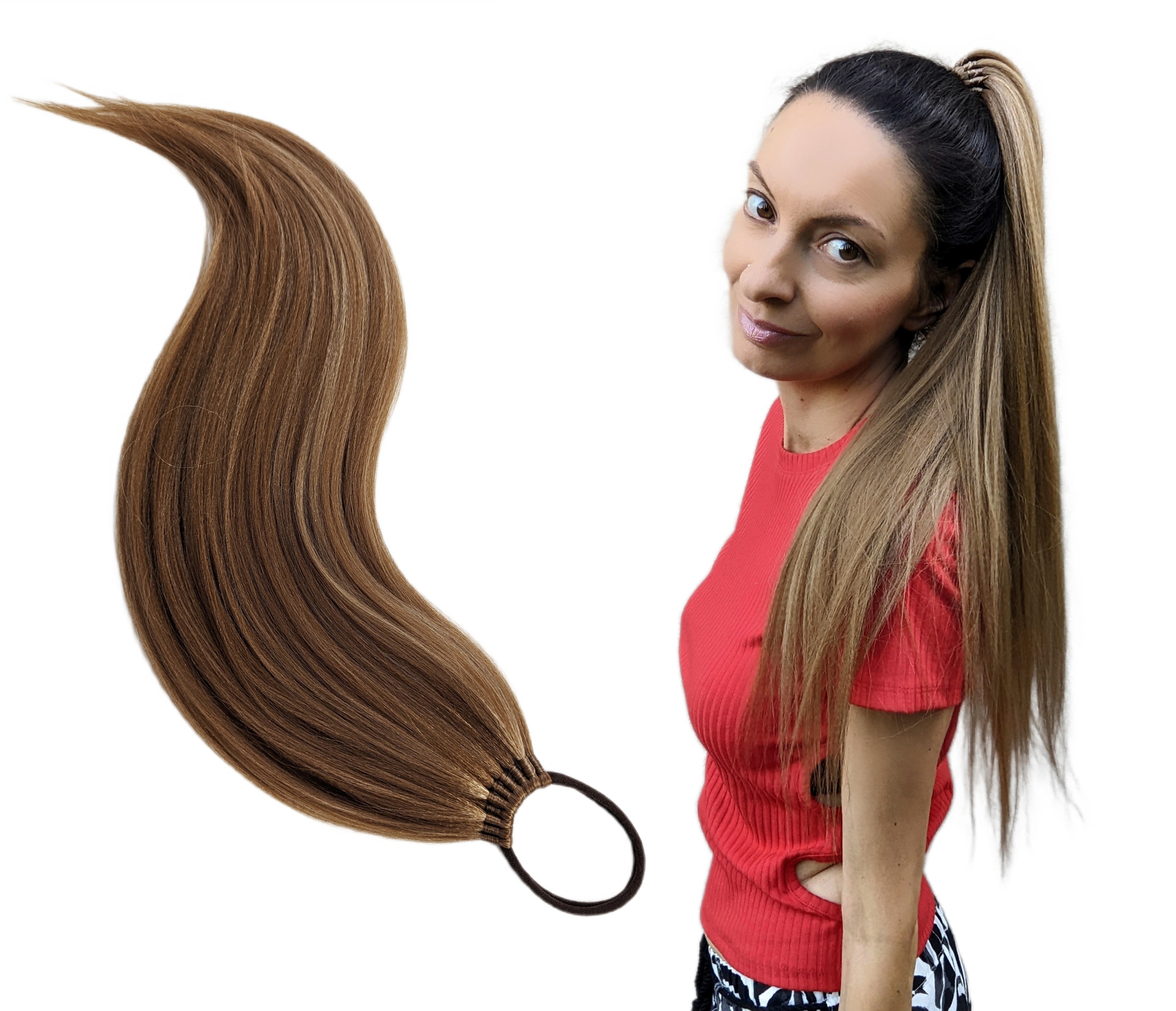 Připínací poník na gumičce, Příčesek, hnědý melír, Karamelová Dívka, 60 cm
