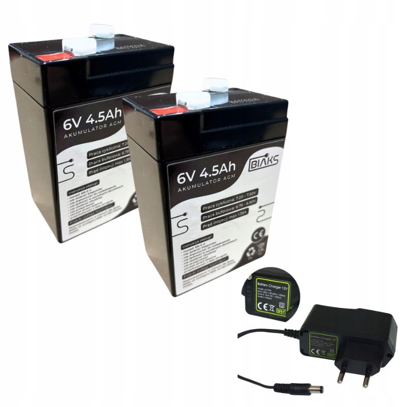 2x Akumulátor Agm 6V 4,5Ah Biaks (rozměr 4Ah 5Ah) nabíječka 12V Zástrčka