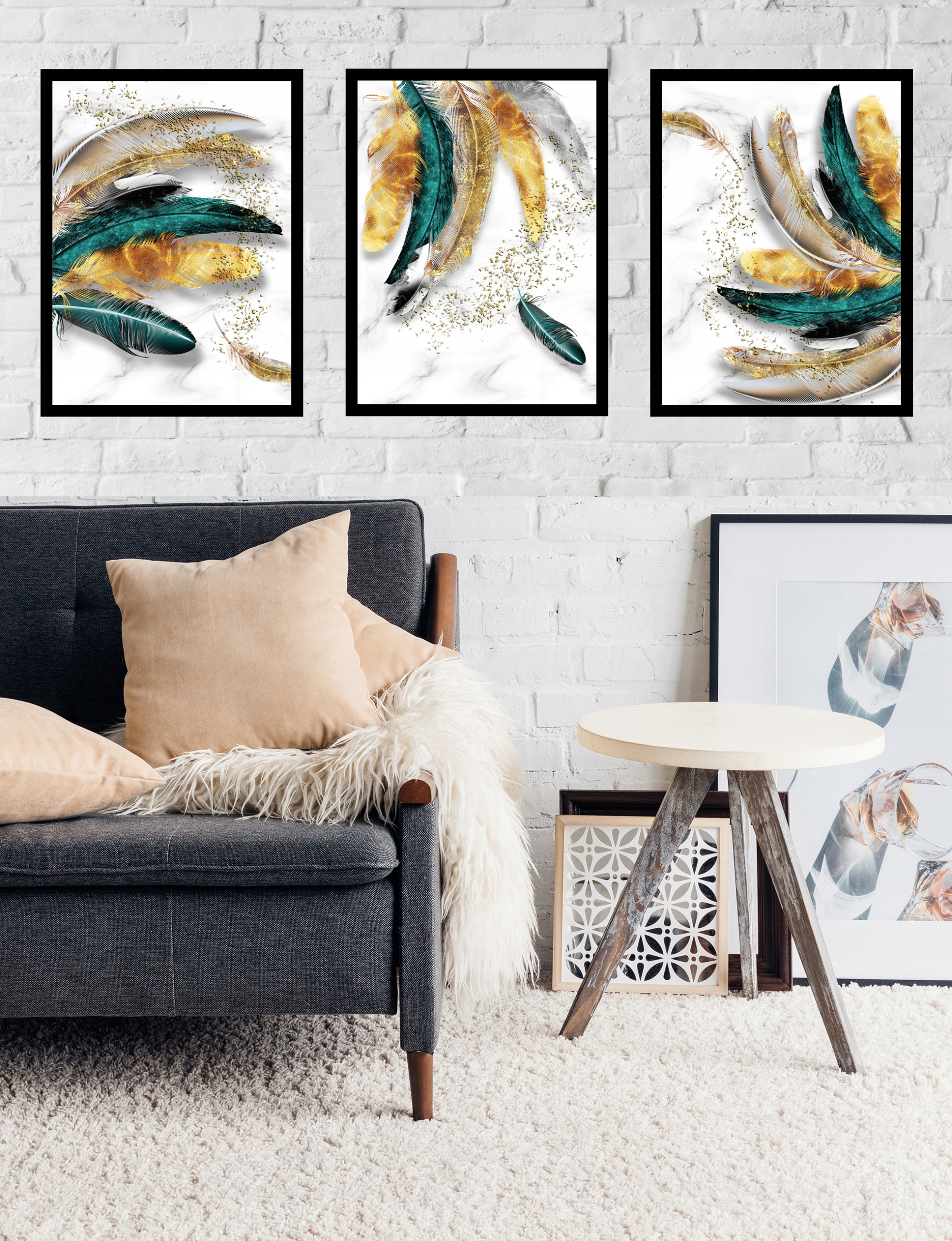 ZESTAW A3x3 RAMKA OBRAZ ZŁOTE LIŚCIE PIÓRA W RAMIE Szerokość produktu 30 cm