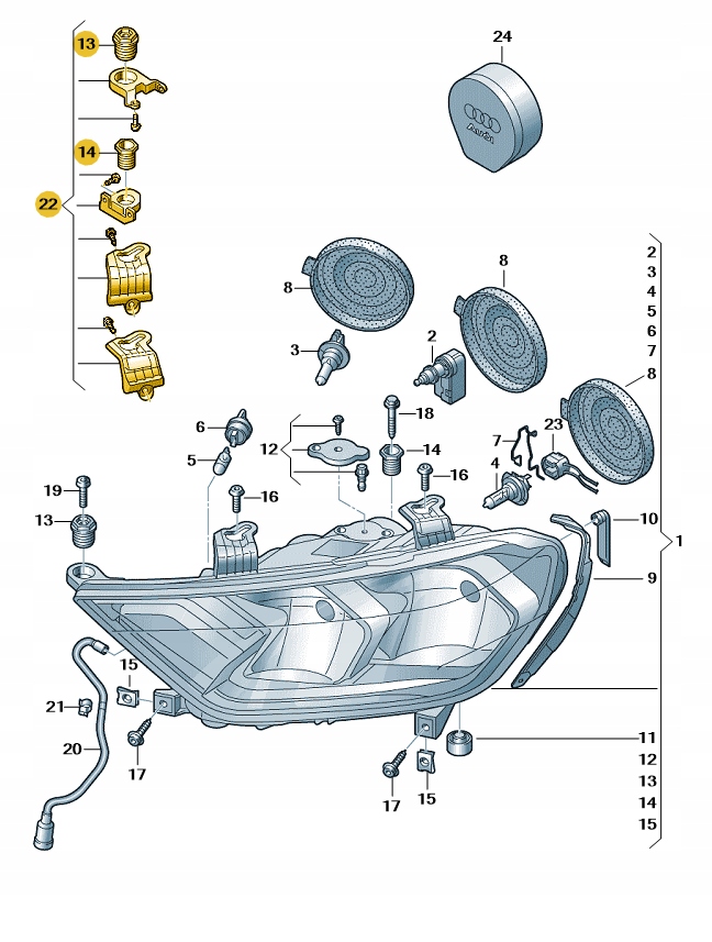 ZESTAW NAPRAWCZY OBUDOWY REFLEKTORA PRAWA STRONA AUDI A1 ASO ORYGINAŁ