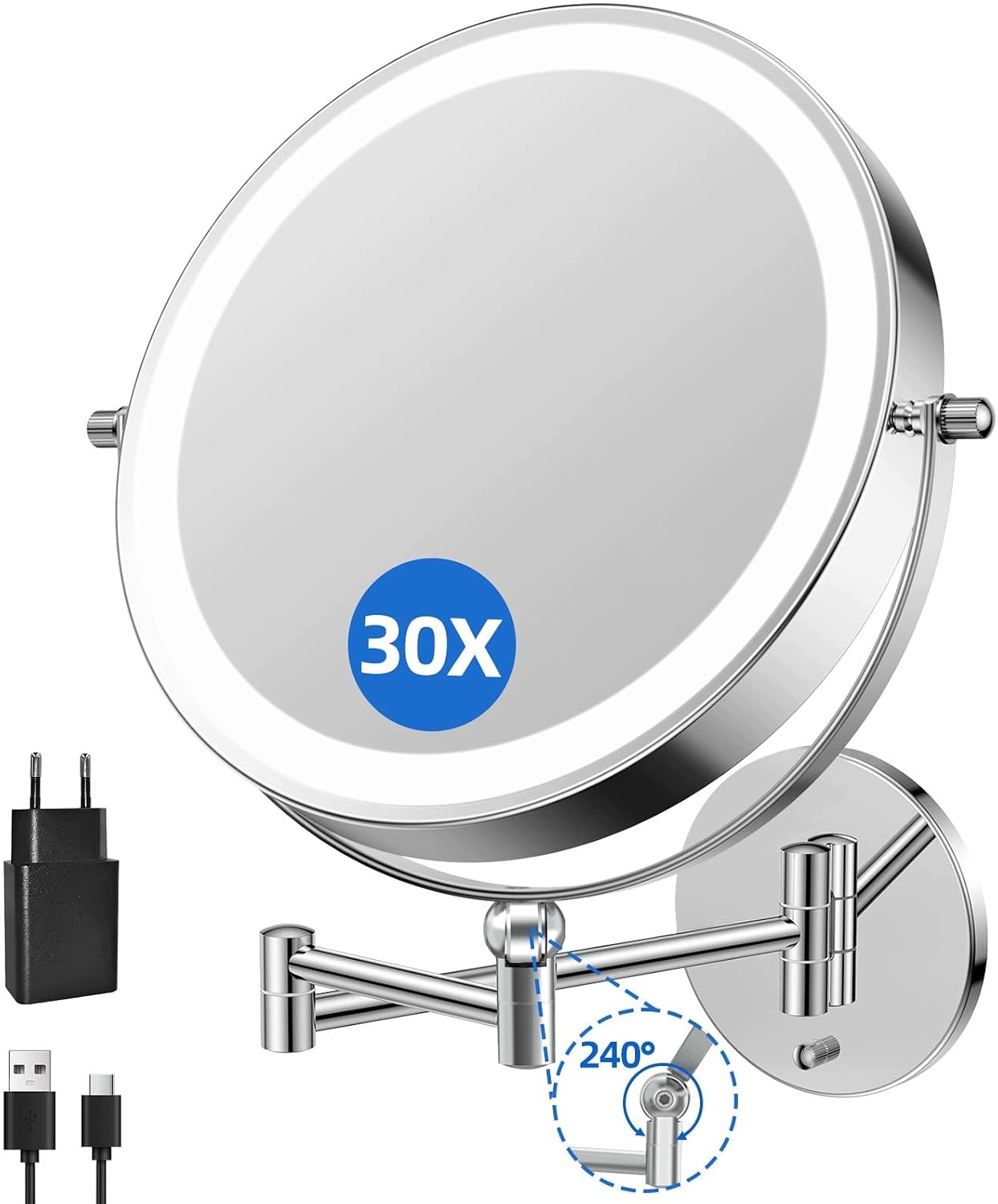 Kosmetické zrcátko s baterií 5000 mAh a zvětšením 1X/30X