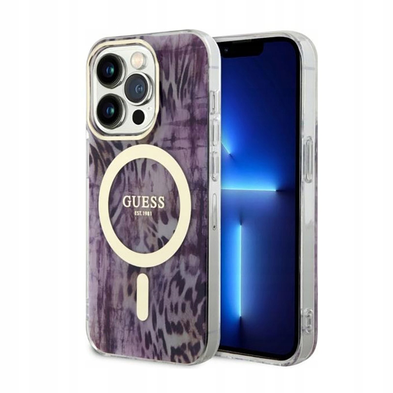 Guess Leopard MagSafe Pouzdro pro iPhone 14 Pro (Růžové)