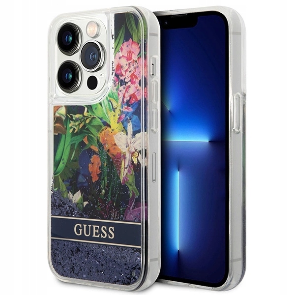 Pouzdro Guess Flower Liquid Glitter pro iPhone 14 Pro Max modré