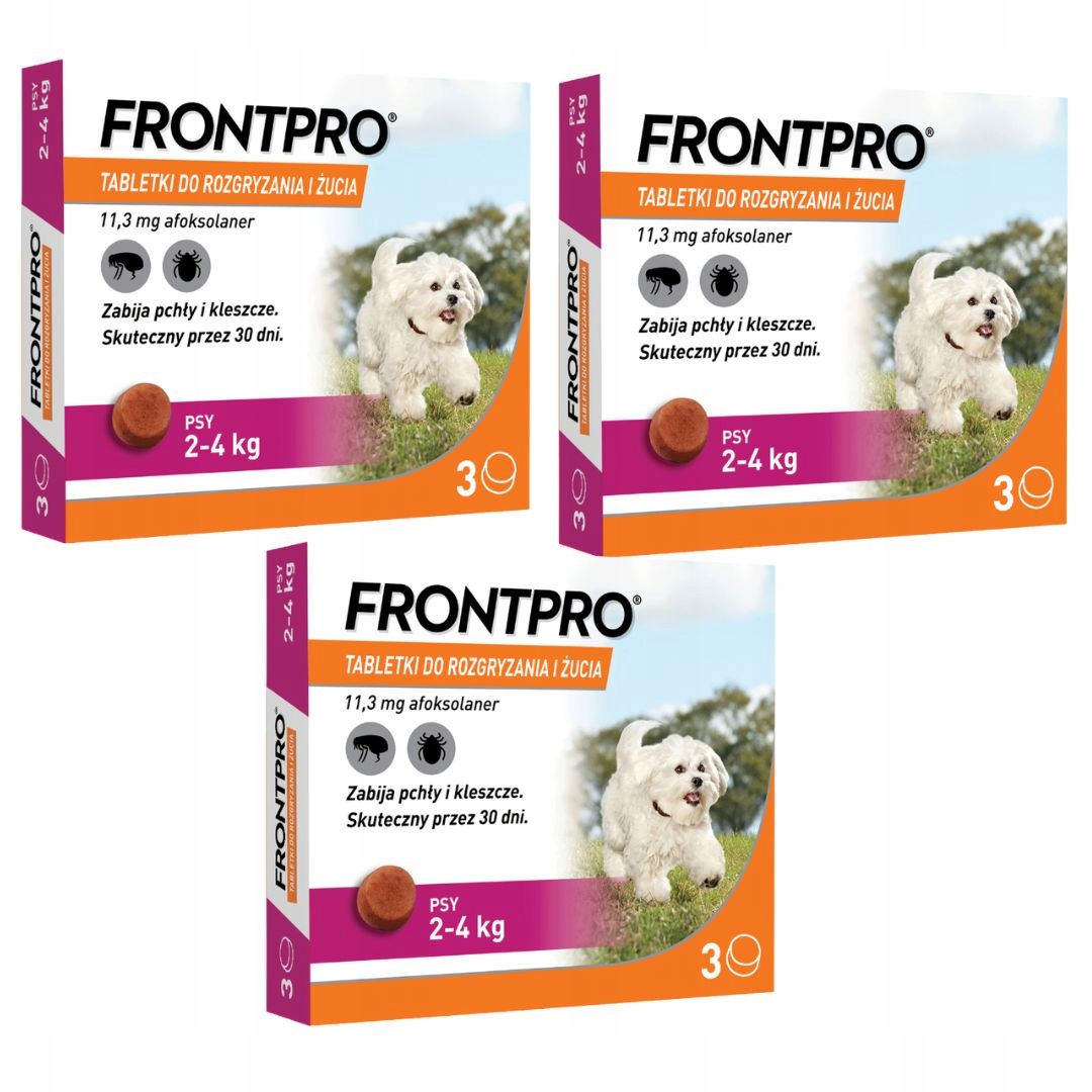Frontpro tabletki 3x3 sztuki na Kleszcze Pchły dla Psa 2-4 kg na 3 miesiące
