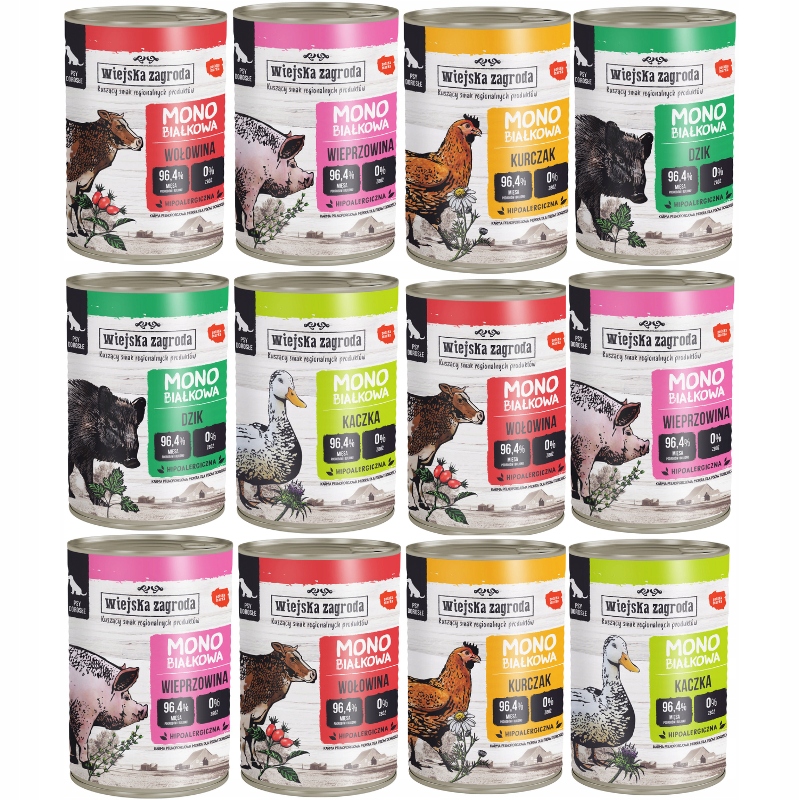 12x400g Wiejska Zagroda MIX Smaków Monobiałkowa karma mokra psa dorosłego
