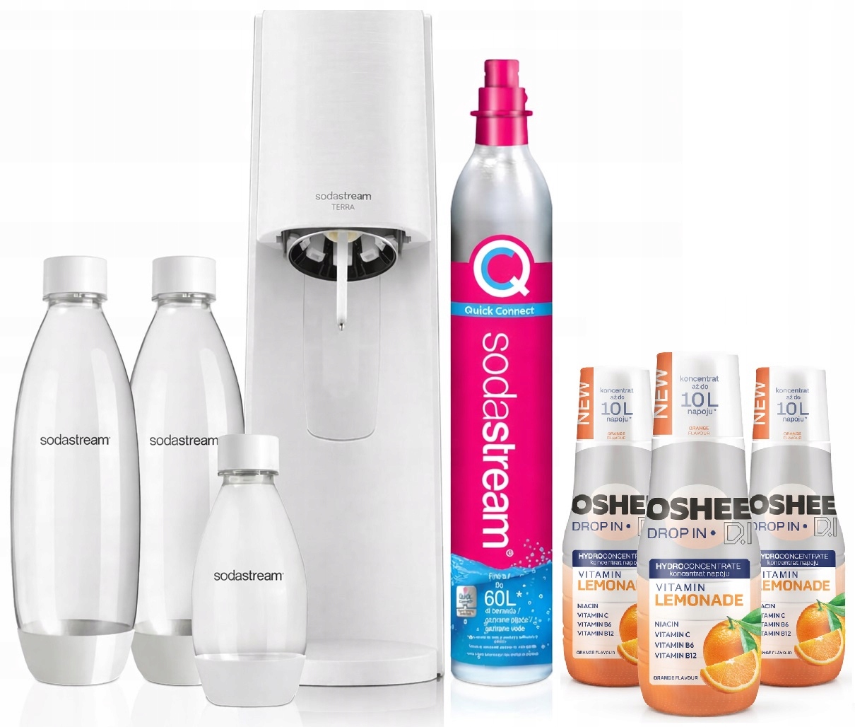 SodaStream Terra výrobník sody sada 3 lahví plyn 3 sirupy Bonus