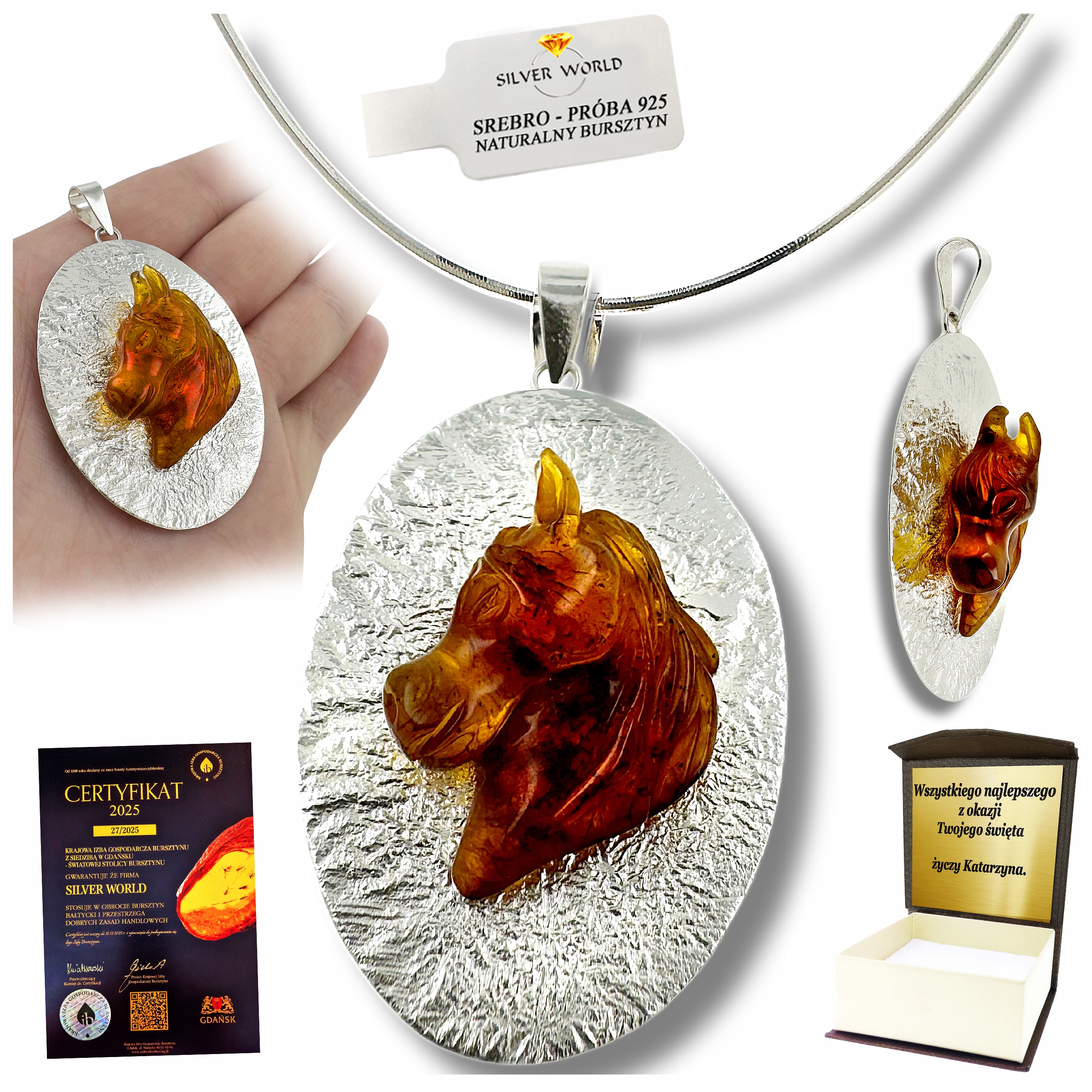 Přívěsek Stříbrný S Jantarem Umělecký Vyřezávaný Kůň Unikát Gravírování WB47