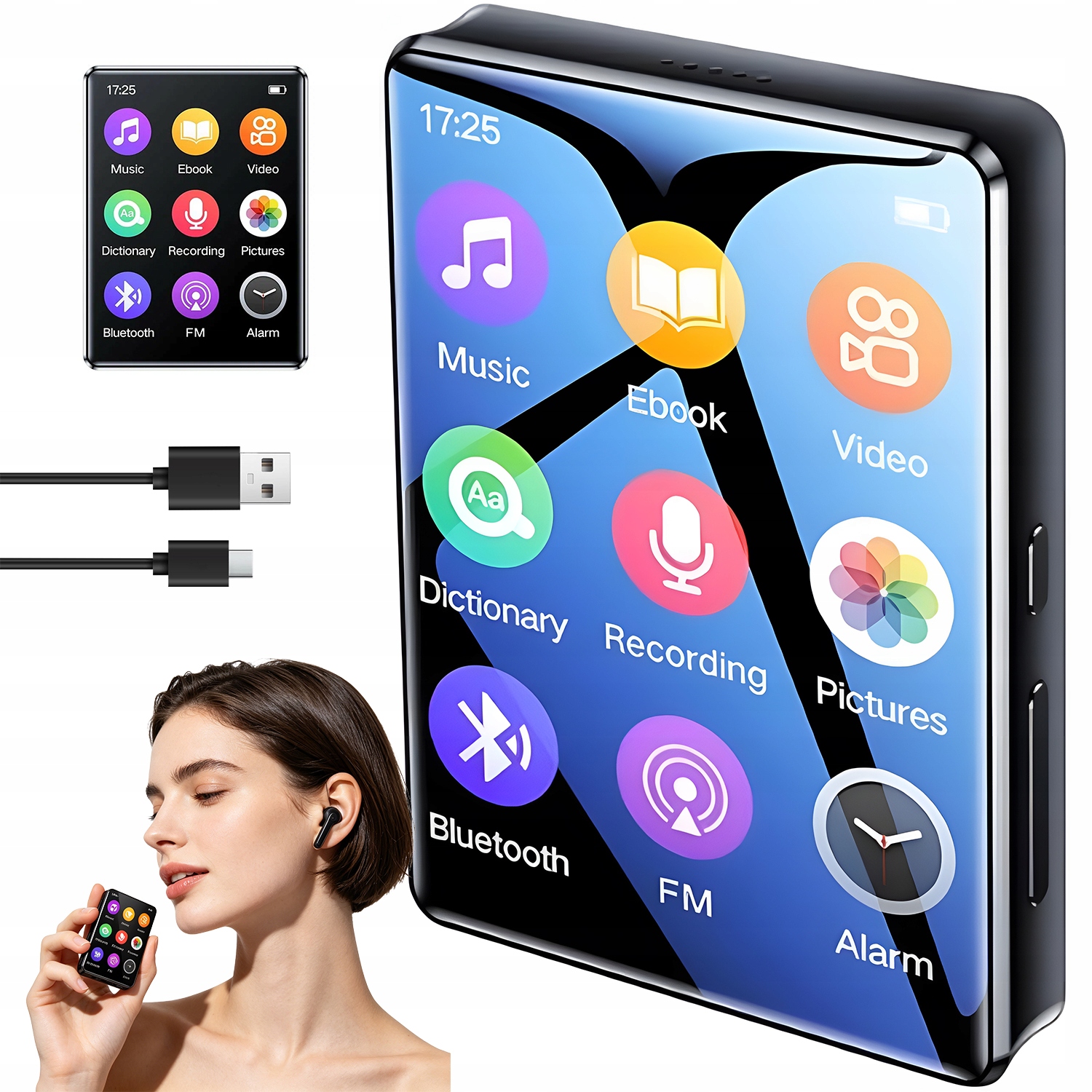 ODTWARZACZ MP3 BLUETOOTH 5 0 EKRAN DOTYKOWY FM RADIO MP4 BEZ KARTY PAMIĘCI