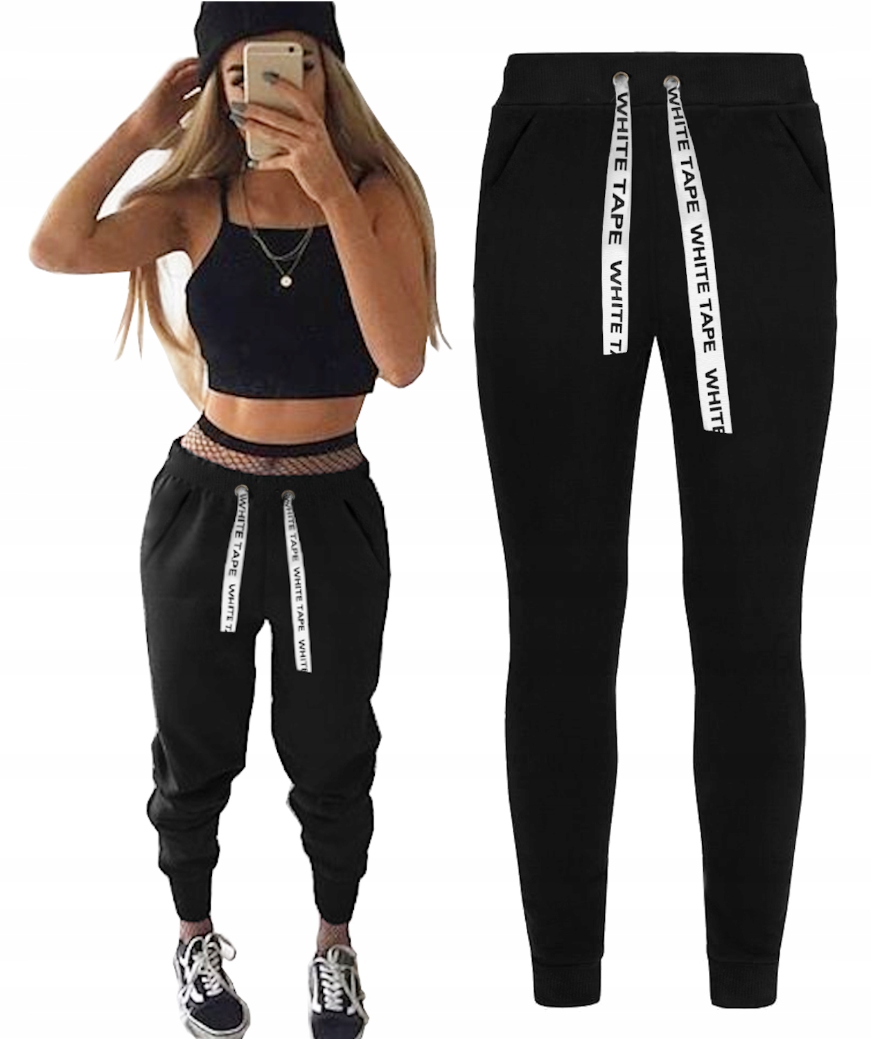 

Spodnie Dresowe Taśma White Tape Kieszenie Black