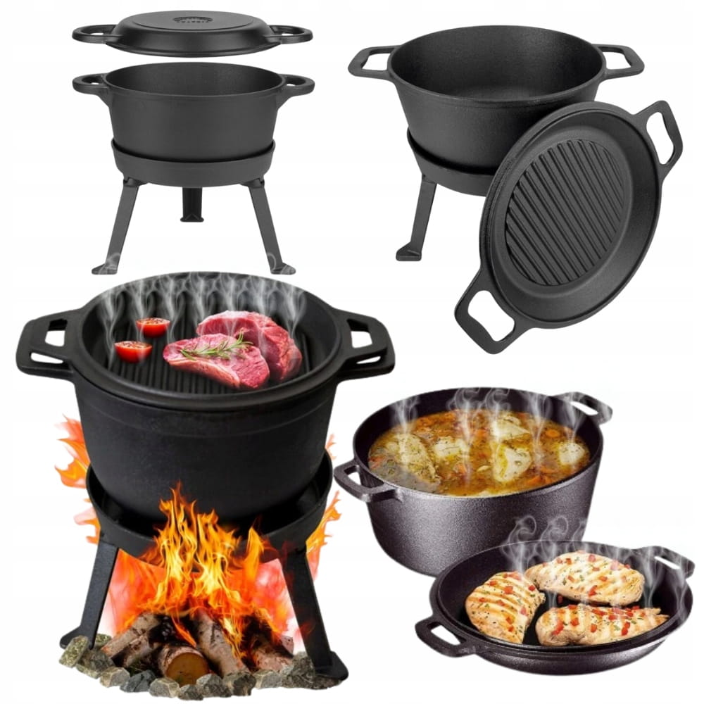KOCIOŁEK ŻELIWNY GARNEK PATELNIA 3w1 myśliwski węgierski OGNISKO GRILL 10L