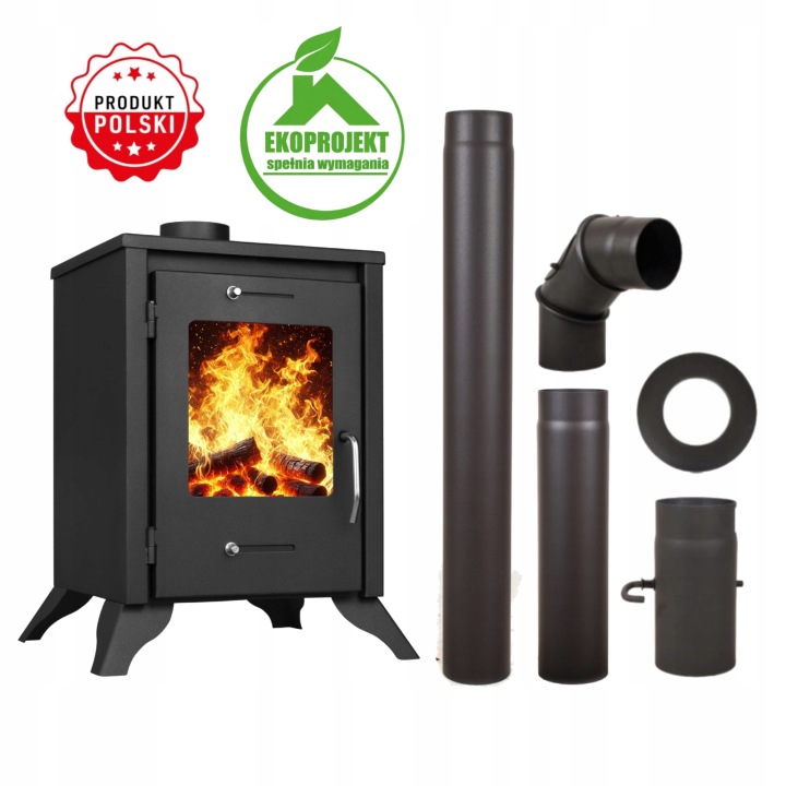 Piec Stalowy Zefir 6,8 kW Zestaw Rur Kominek Wolnostojący Certyfikat Eco