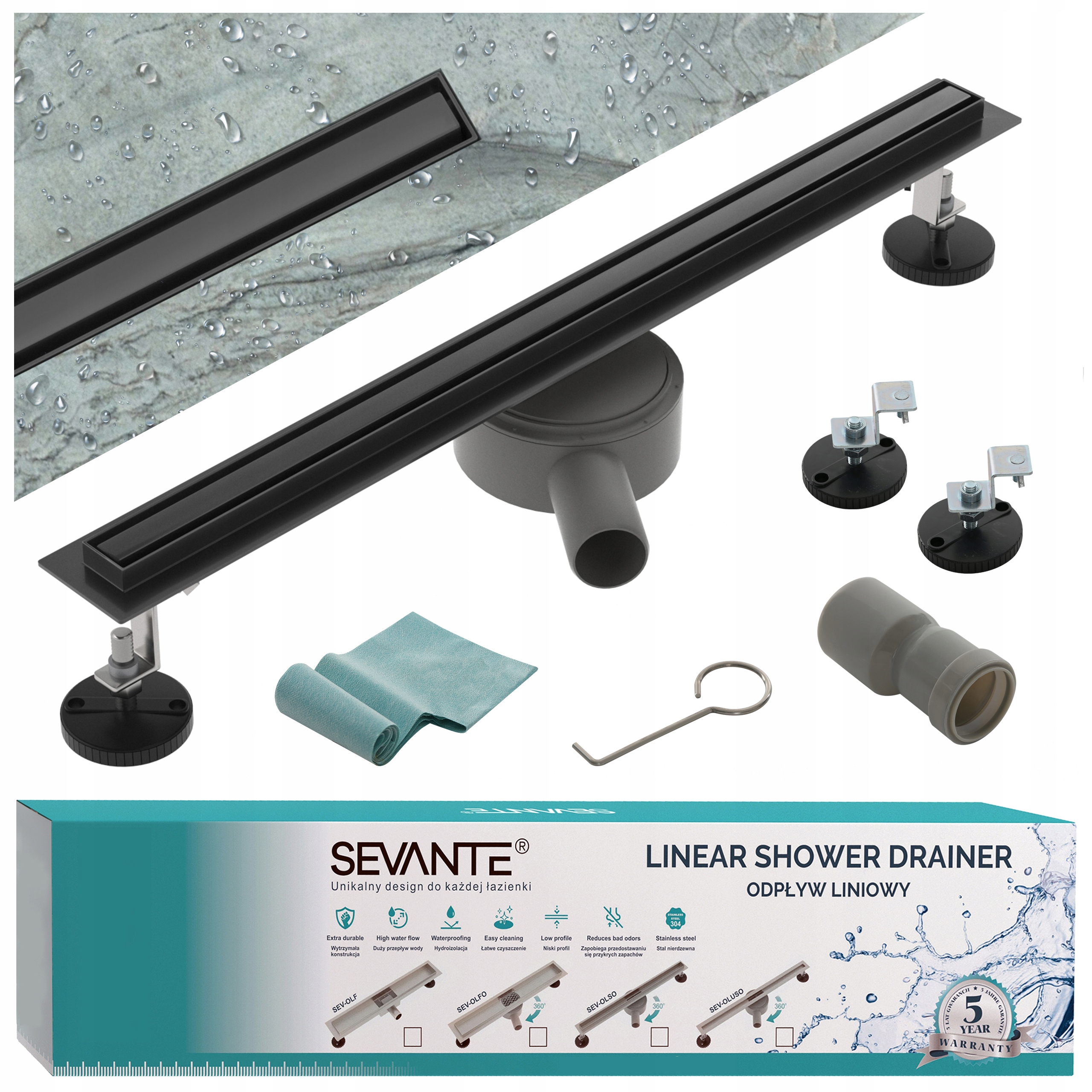 Lineárny odtok Slim 120 cm otočný sifón čierna oceľ 304 veľká priepustnosť