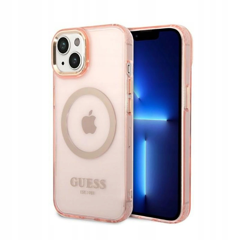 Guess Gold Outline Translucent MagSafe Puzdro na iPhone 14 Plus (ružové)