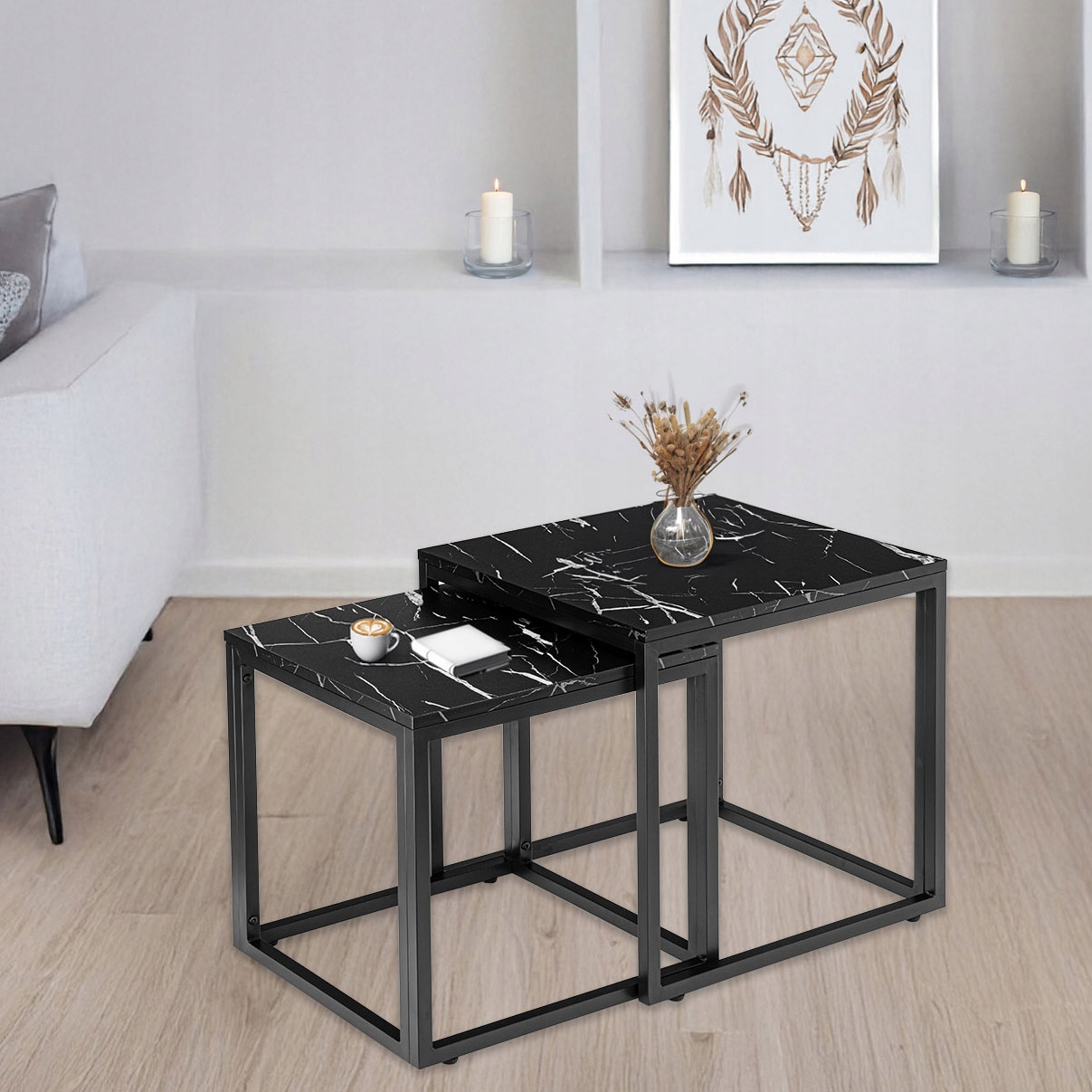 Konferenční Stolky Sada 2V1 Loftová Lavice Industriální Mramor Černá Čtvercová