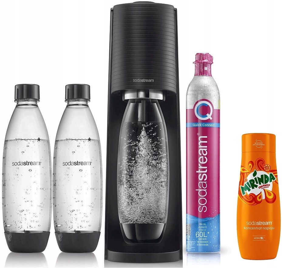 ZESTAW SODASTREAM SATURATOR TERRA BLACK + 2 BUTELKI FUSE 1L + SYROP MIRINDA