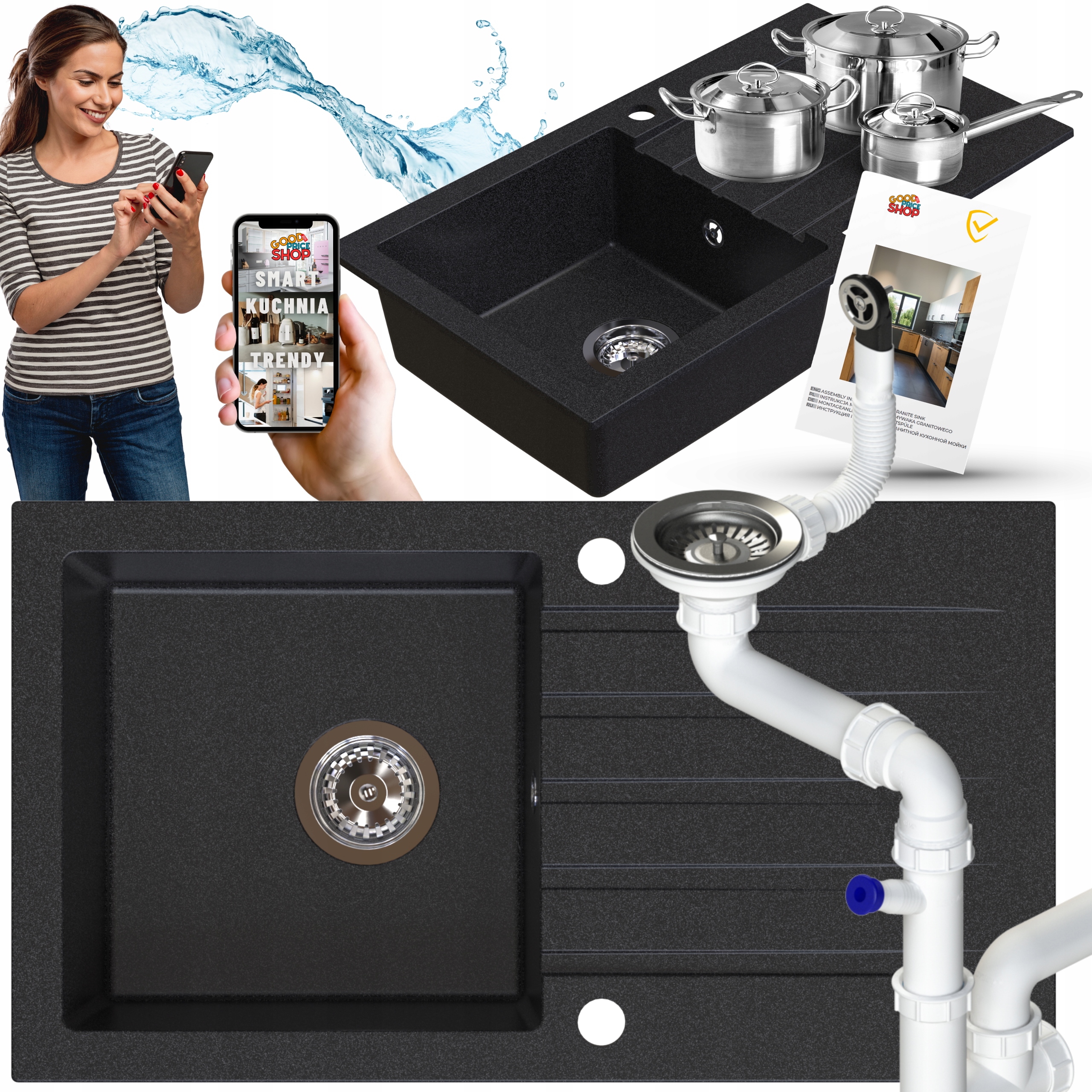 Granitový Dřez Jednokomorový S Dlouhým Odkapávačem, Černý, Skvrnitý