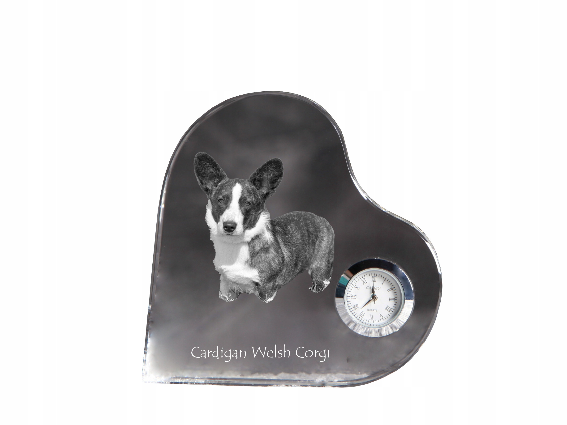 Cardigan Welsh Corgi – krištáľový hodinový strojček v tvare srdca s vašou fotografiou