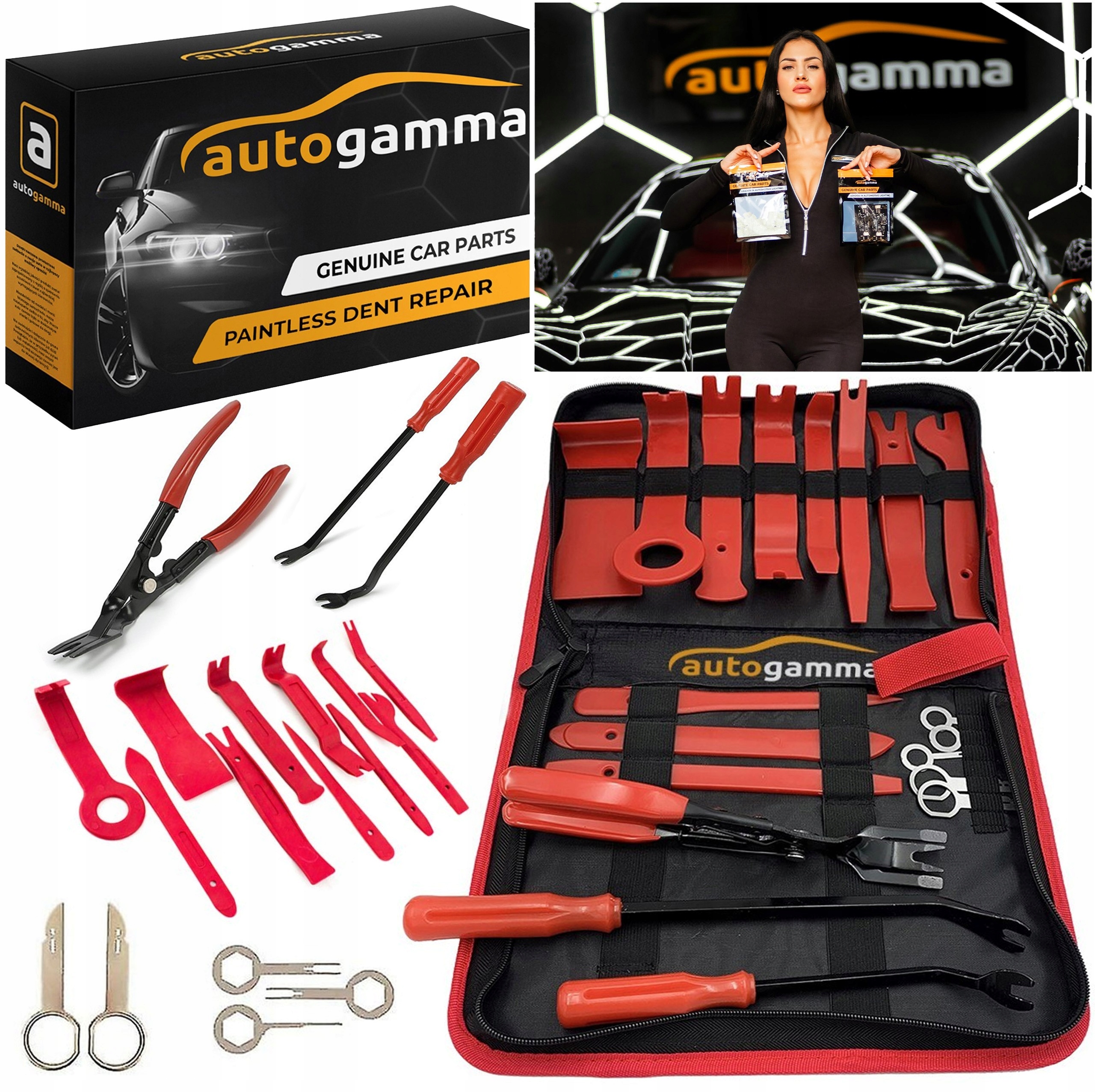 Ściągacze szczypce wyjmak do demontażu tapicerki spinki zestaw 19 elementów