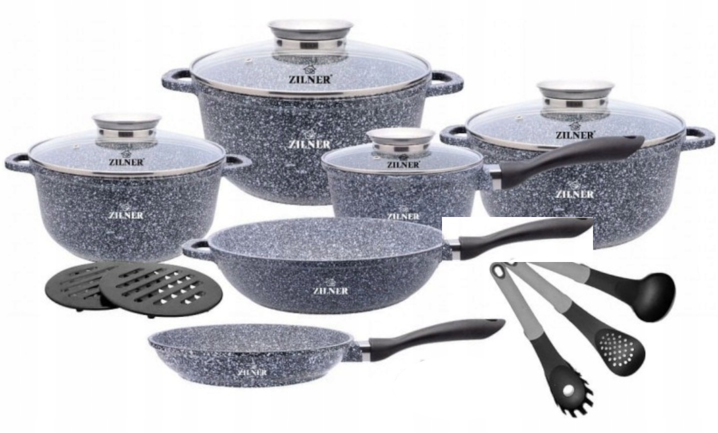 KOMPLET GARNKI CERAMICZNO-MARMURKOWE ZILNER SZARE NALEWKI PODSTAWKI 15-CZ