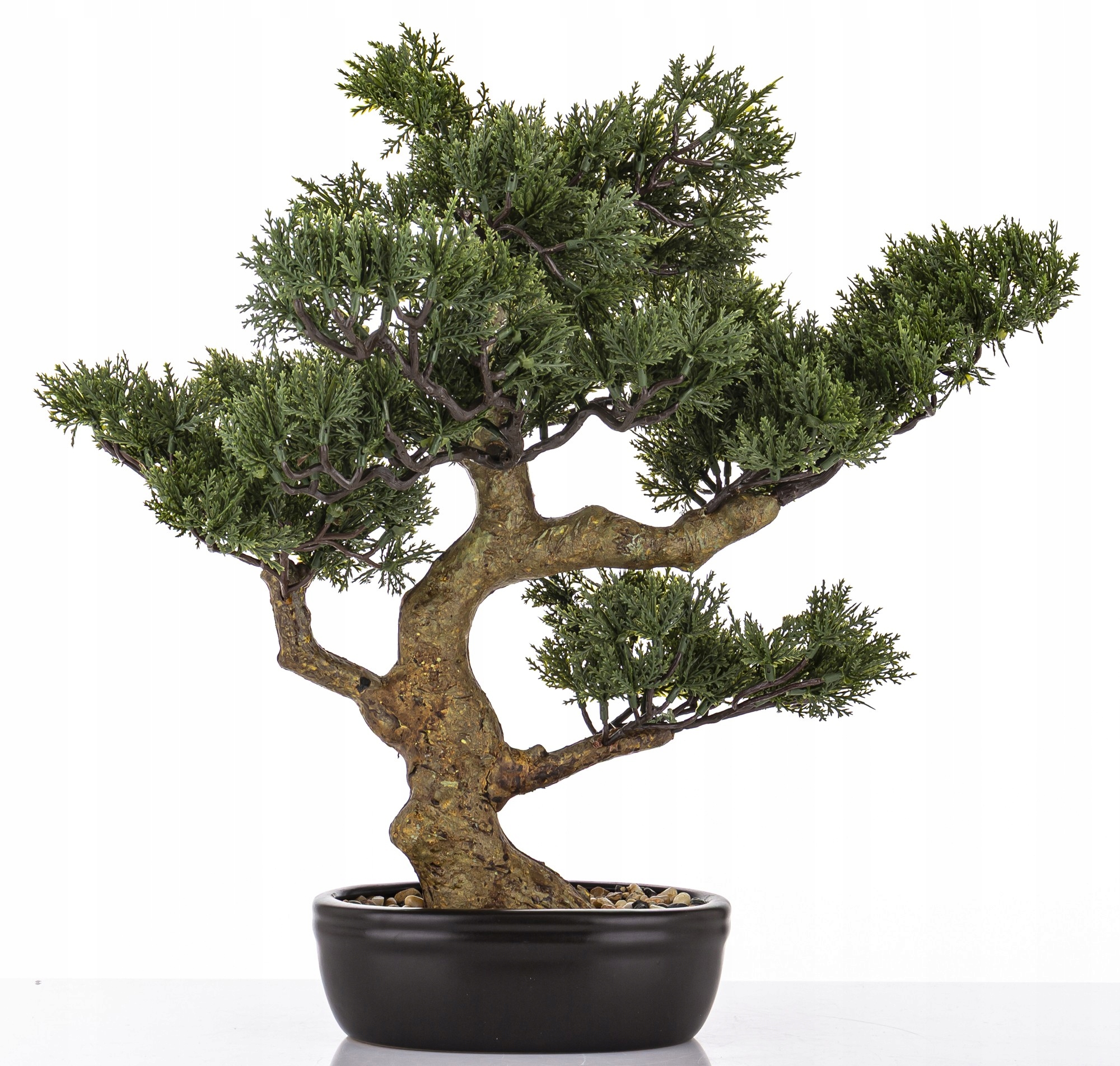 Zelená dekorativní rostlina v černém květináči umělý květ stromek bonsai