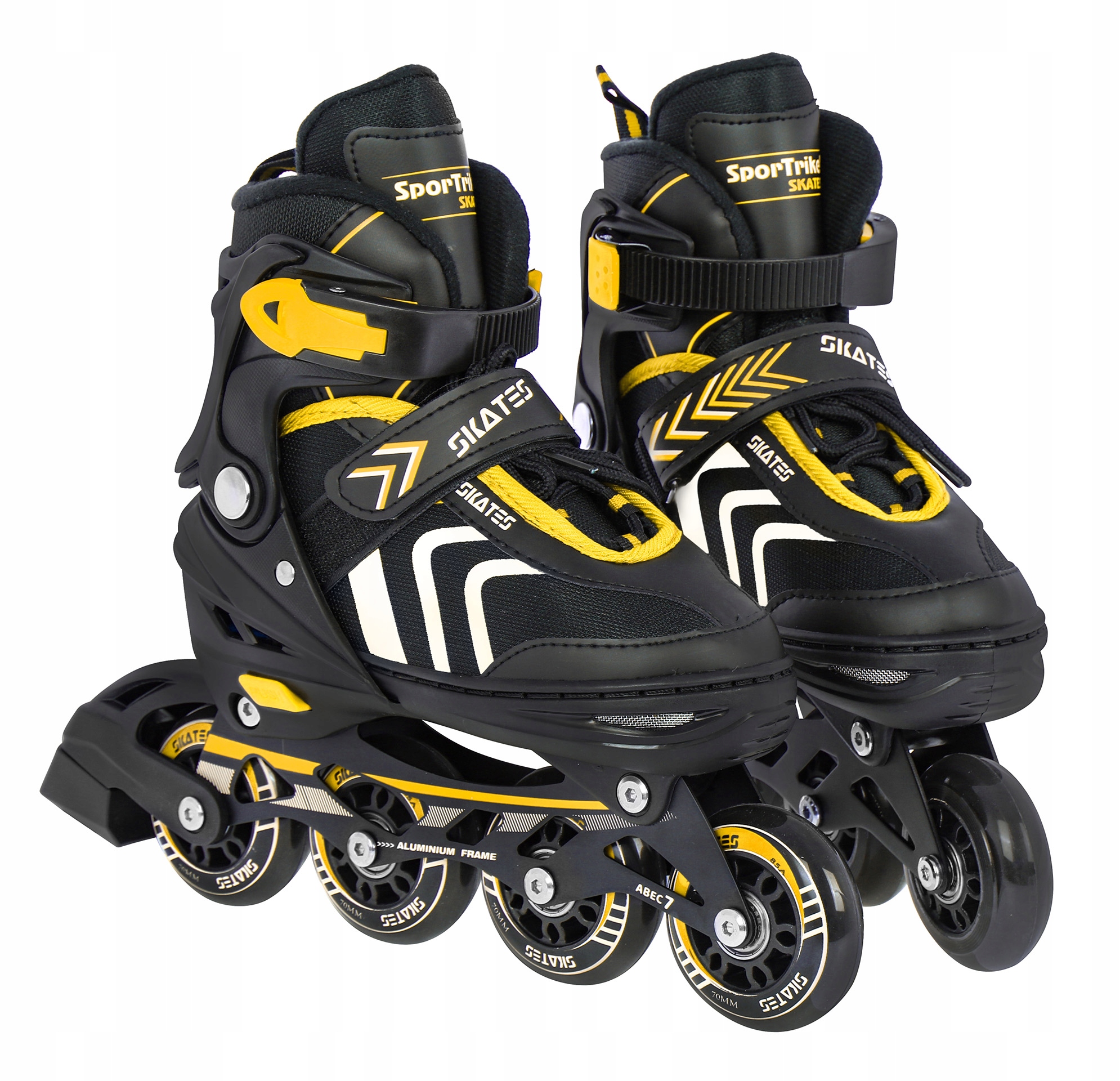 Kolečkové Brusle SporTrike nastavitelné 34-38 černé/žluté 4 kolečka 70 mm 85A ABEC-7