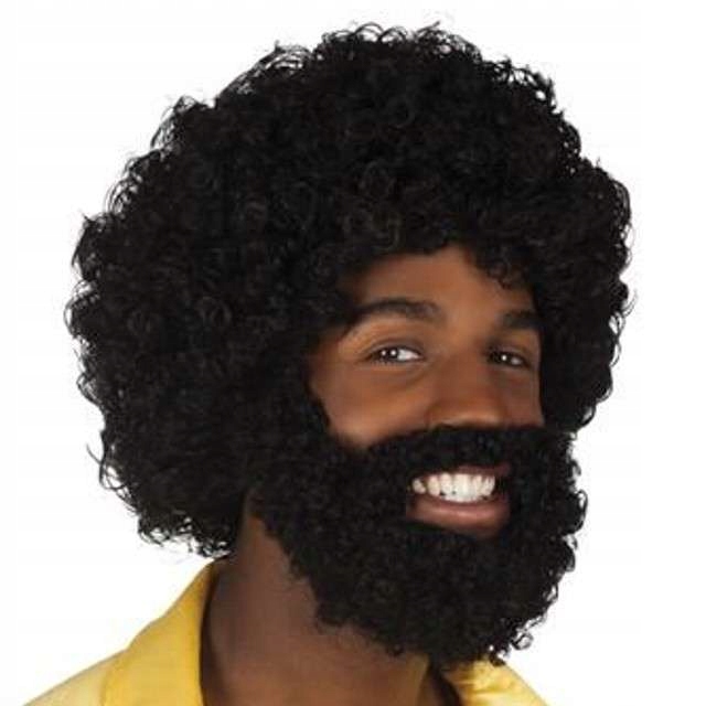 Peruka czarne AFRO XXL z brodą i wąsami afroamerykanin DISCO kręcone włosy