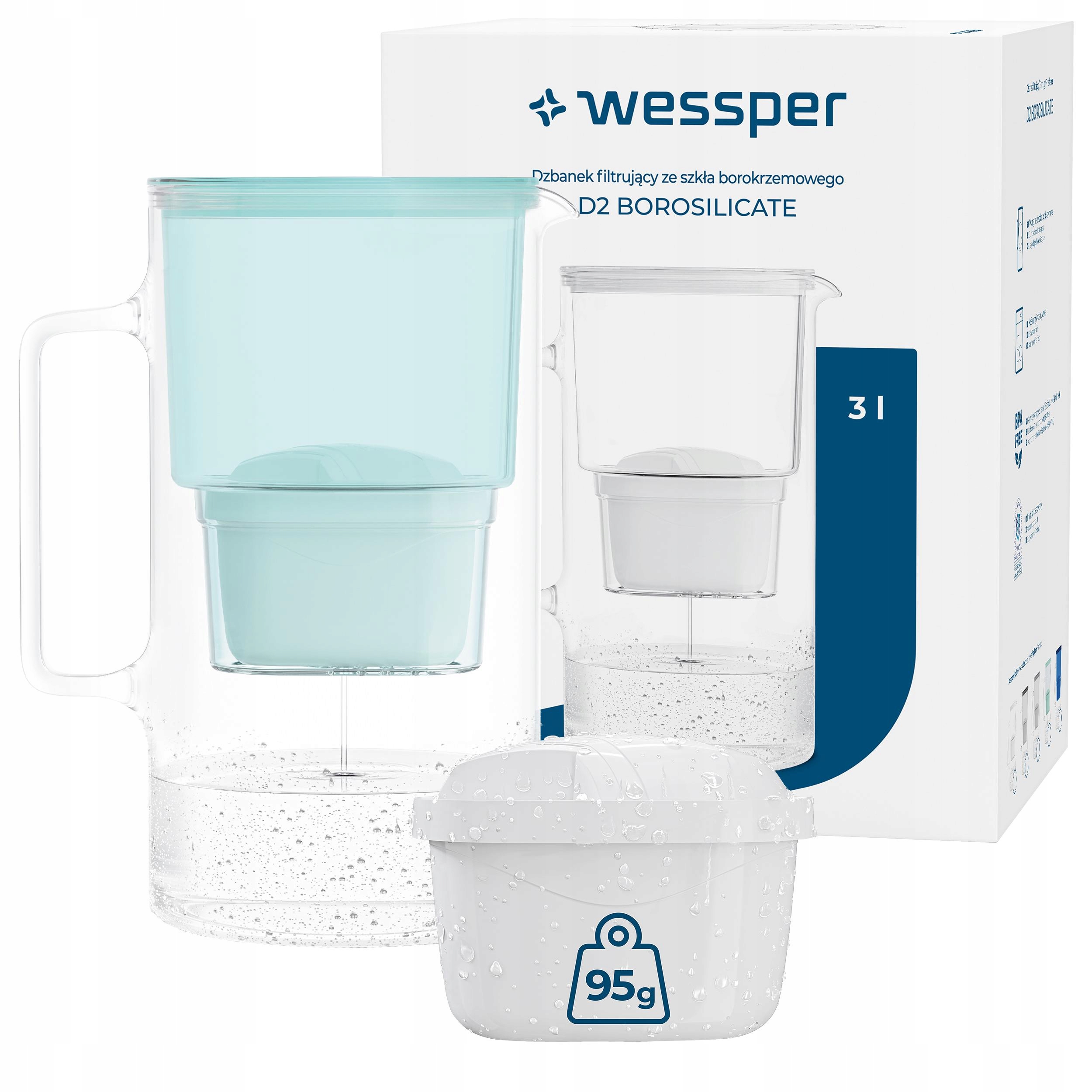 Szklany dzbanek filtrujący Wessper D2 Borosilicate 3l miętowy 1x filtr