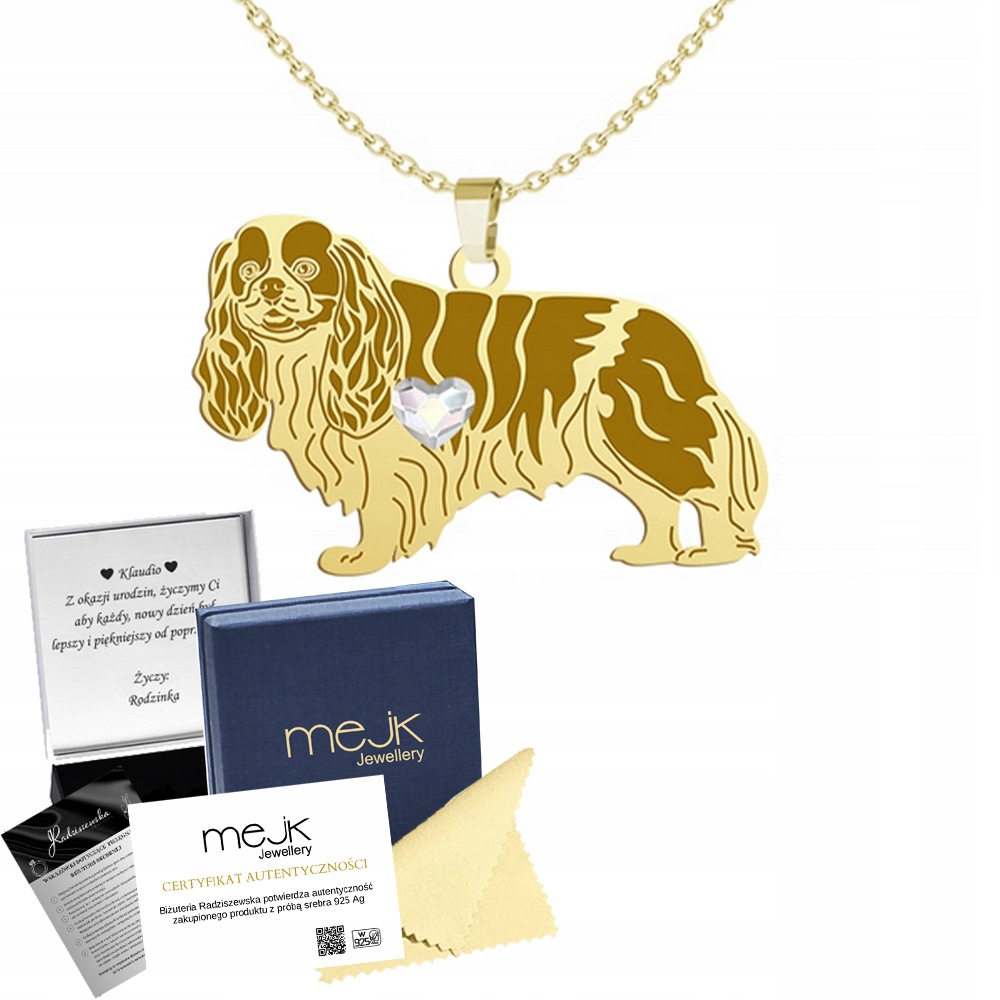 Zlatý náhrdelník Cavalier King Charles Spaniel 925 Řetízek Gravírování Bonus