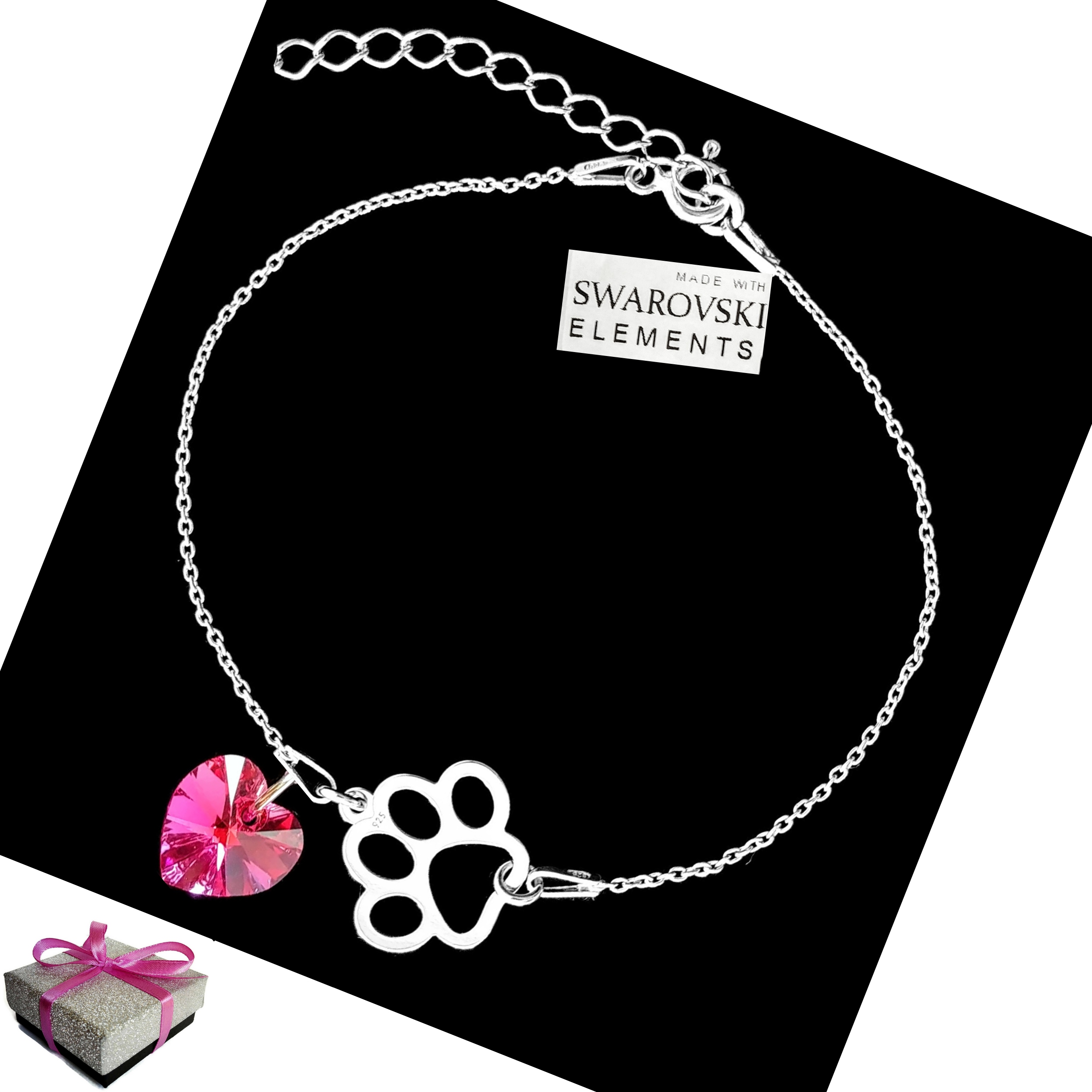 

Bransoletka Srebrna Łapa Psa Serce Swarovski el.